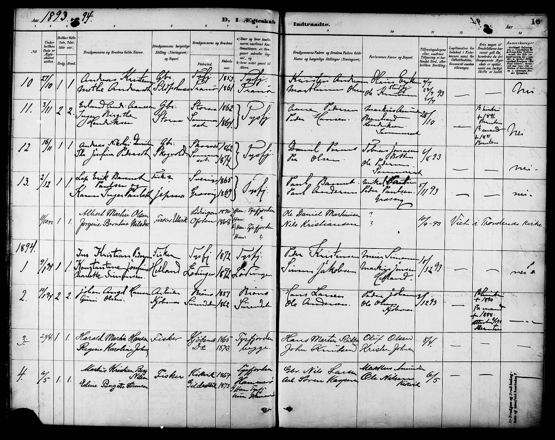 Ministerialprotokoller, klokkerbøker og fødselsregistre - Nordland, AV/SAT-A-1459/861/L0870: Parish register (official) no. 861A05, 1889-1903, p. 16