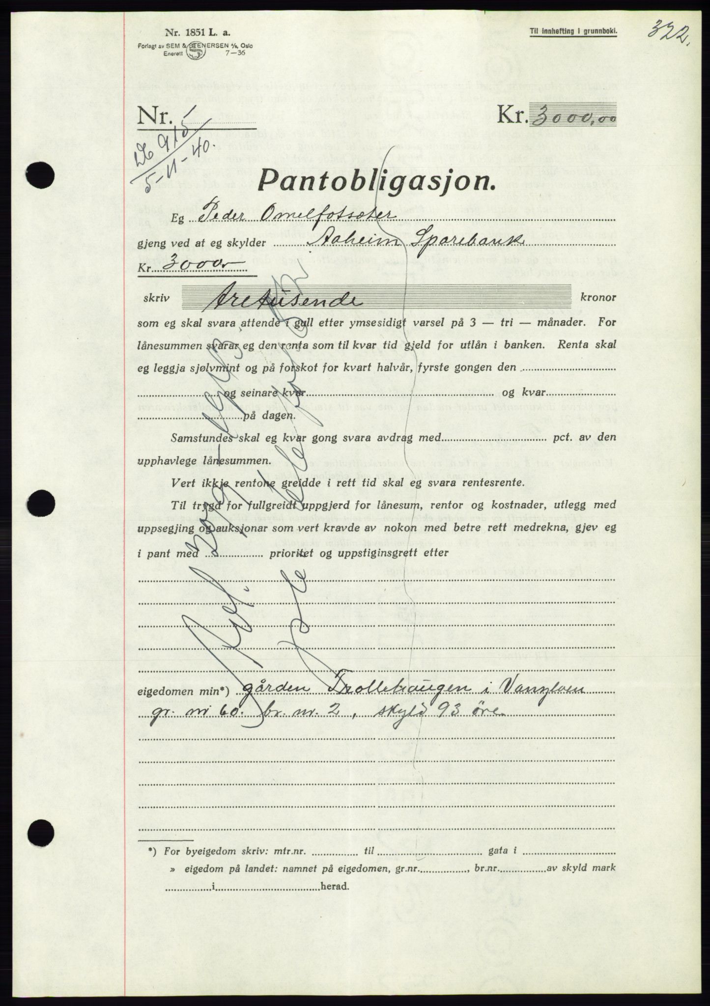 Søre Sunnmøre sorenskriveri, AV/SAT-A-4122/1/2/2C/L0070: Mortgage book no. 64, 1940-1941, Diary no: : 915/1940