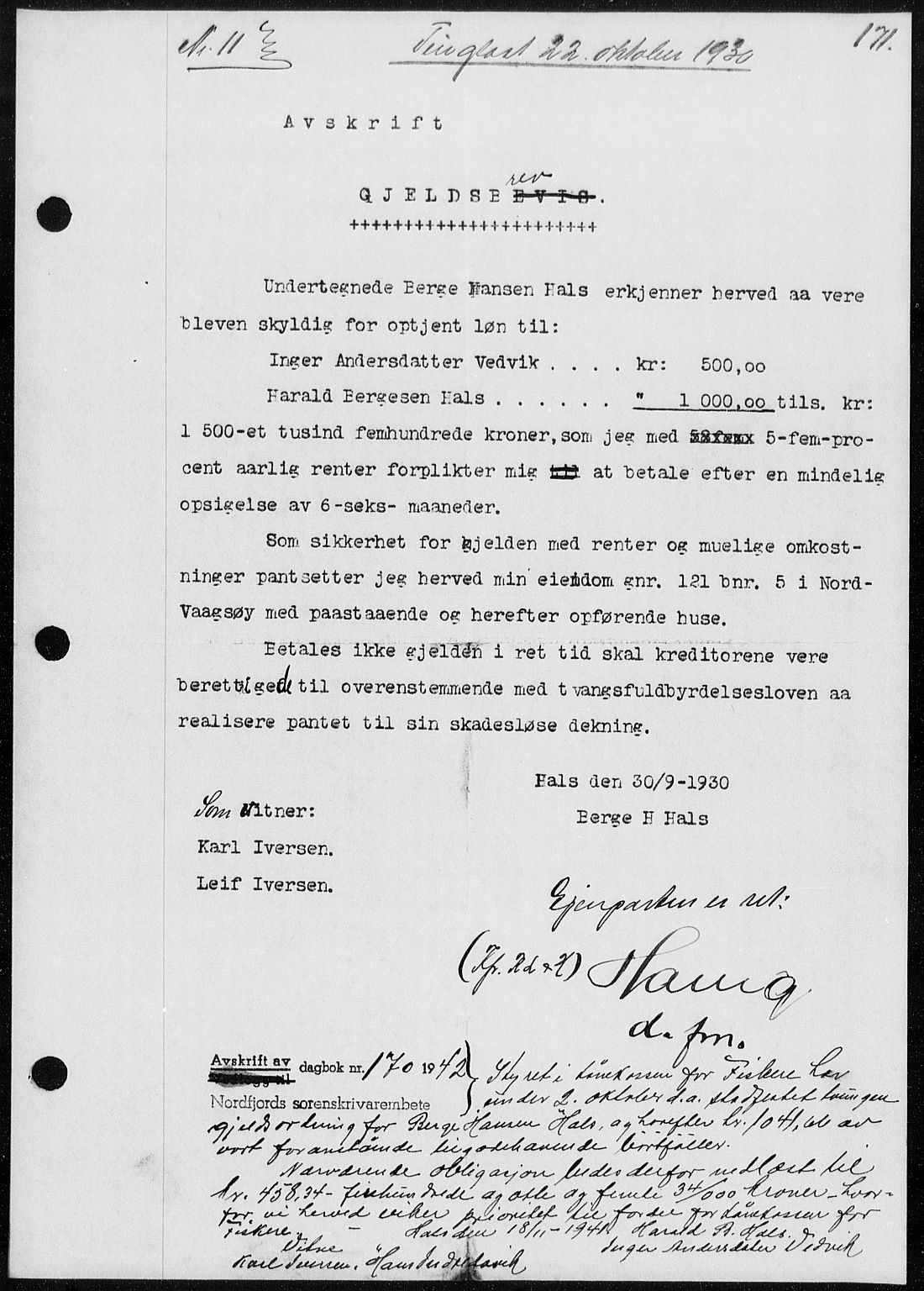 Nordfjord sorenskriveri, AV/SAB-A-2801/02/02b/02ba/L0073: Mortgage book no. II.B.a.73, 1930-1931, Deed date: 22.10.1930