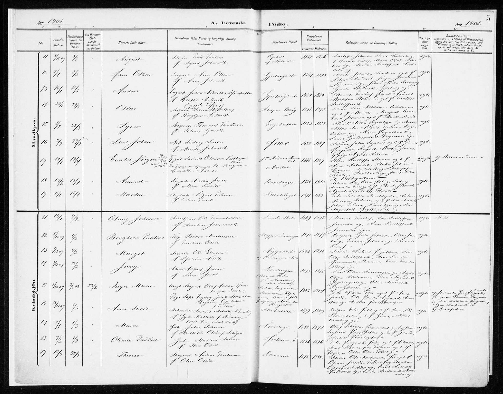 Løten prestekontor, SAH/PREST-022/K/Ka/L0011: Parish register (official) no. 11, 1908-1917, p. 5