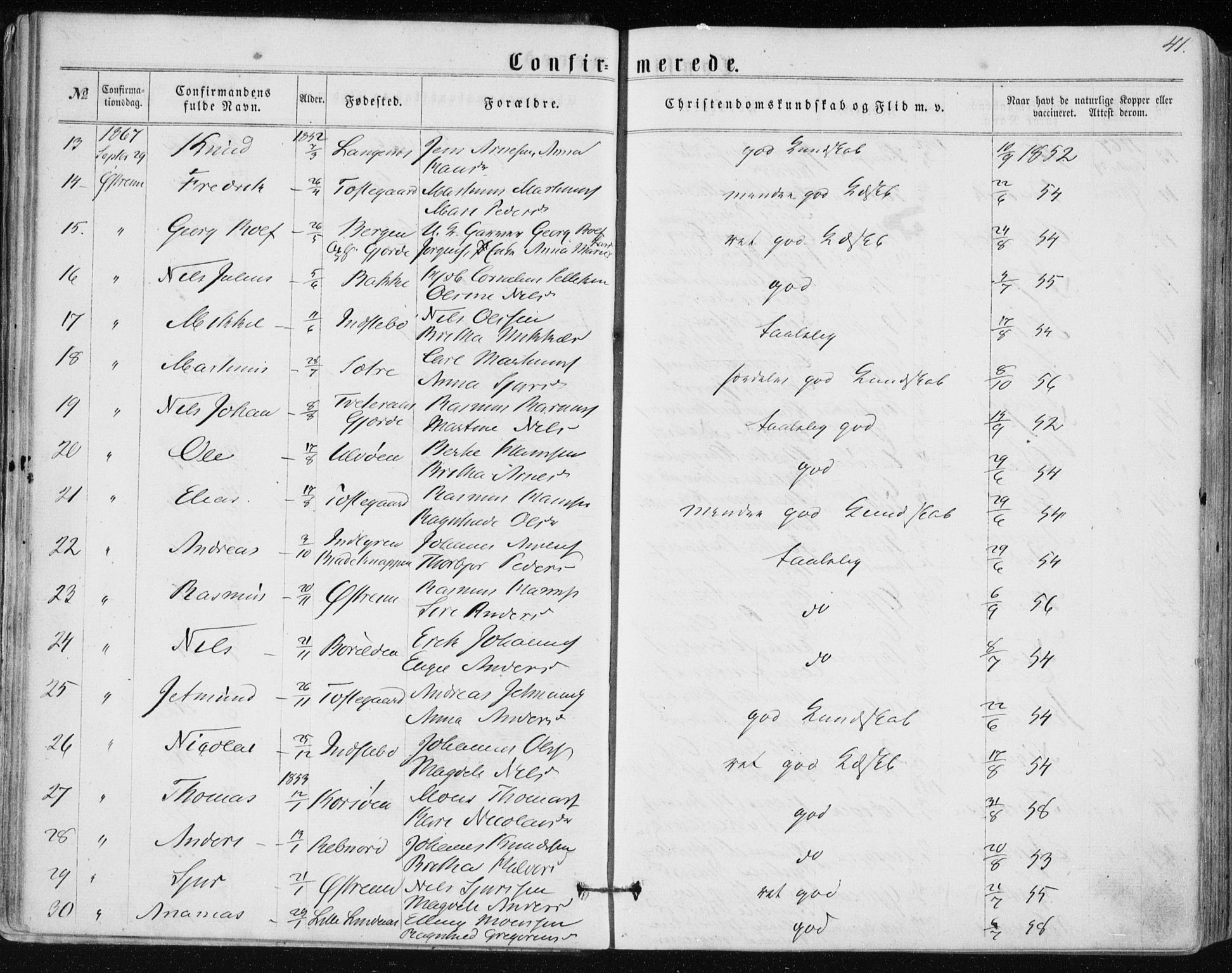 Lindås Sokneprestembete, SAB/A-76701/H/Haa: Parish register (official) no. A 16, 1863-1875, p. 41