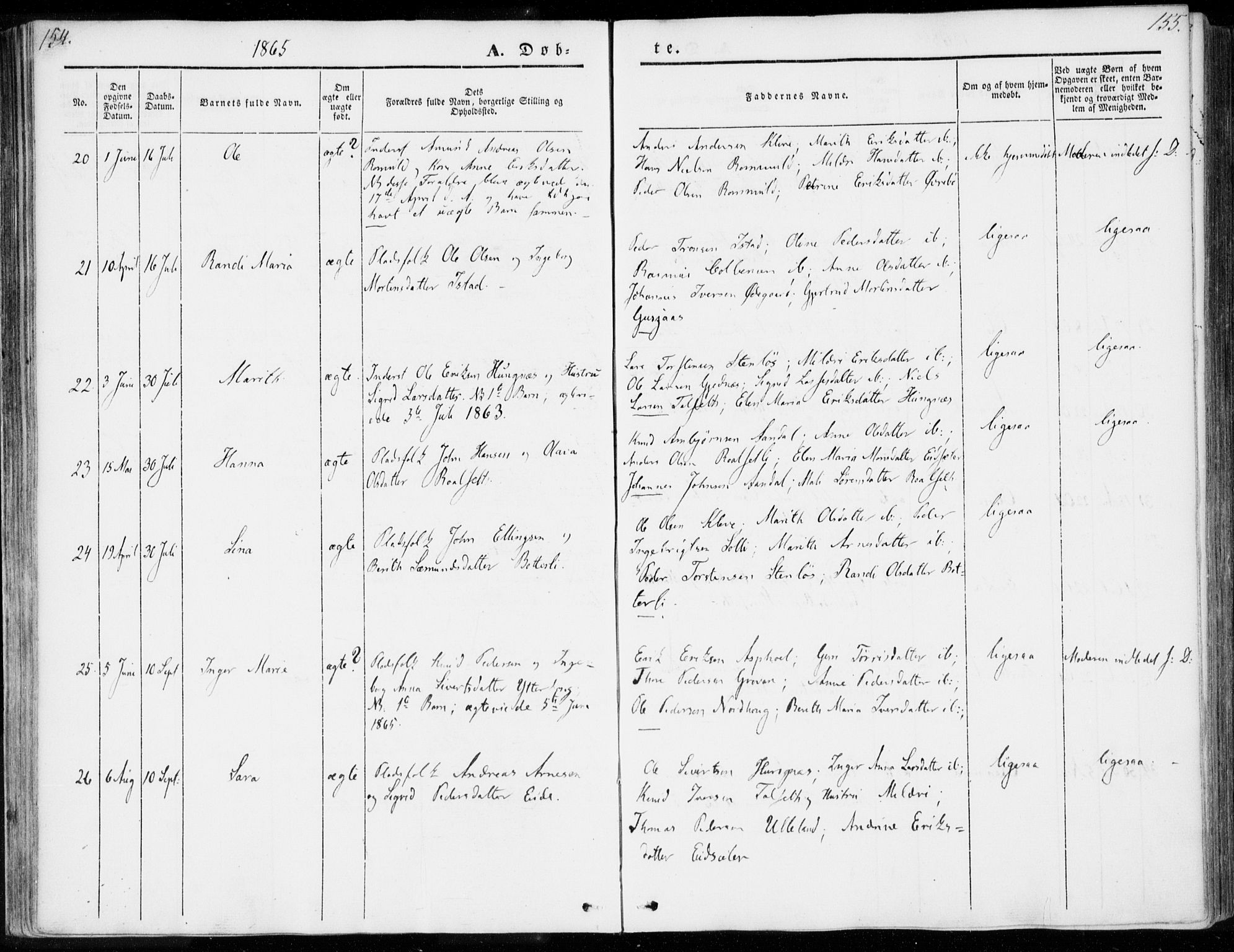 Ministerialprotokoller, klokkerbøker og fødselsregistre - Møre og Romsdal, AV/SAT-A-1454/557/L0680: Parish register (official) no. 557A02, 1843-1869, p. 154-155