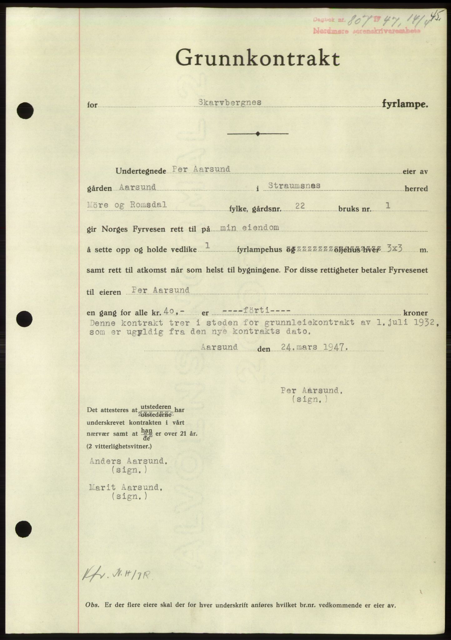 Nordmøre sorenskriveri, AV/SAT-A-4132/1/2/2Ca: Mortgage book no. B96, 1947-1947, Diary no: : 807/1947