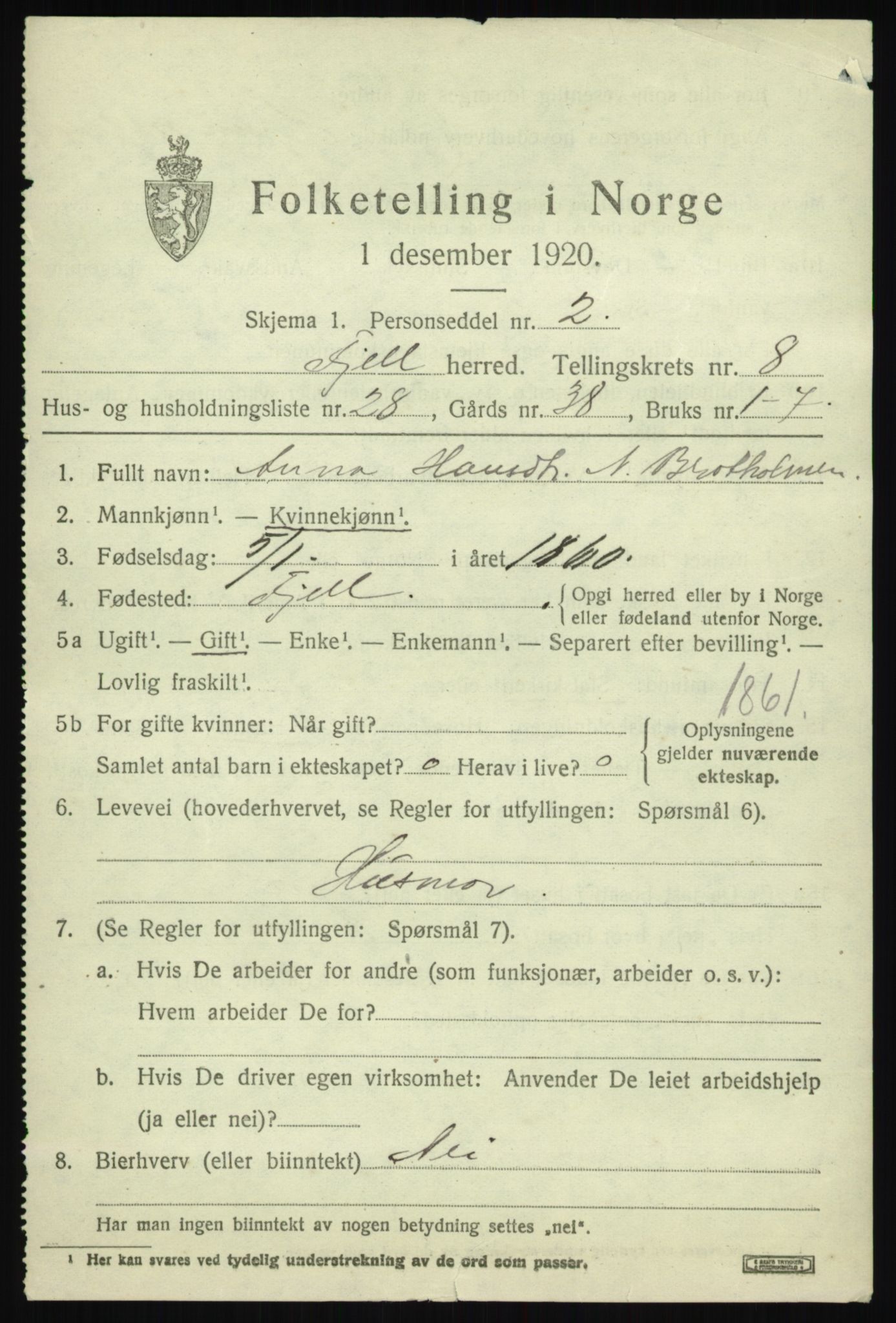 SAB, 1920 census for Fjell, 1920, p. 7492