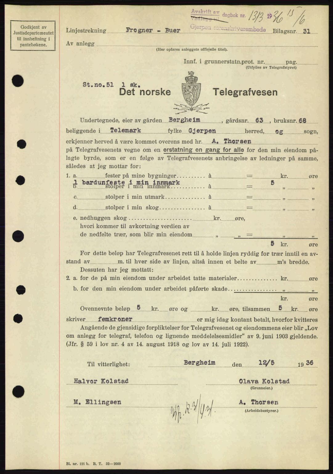 Gjerpen sorenskriveri, SAKO/A-216/G/Ga/Gae/L0067: Mortgage book no. A-66 - A-68, 1936-1937, Diary no: : 1313/1936