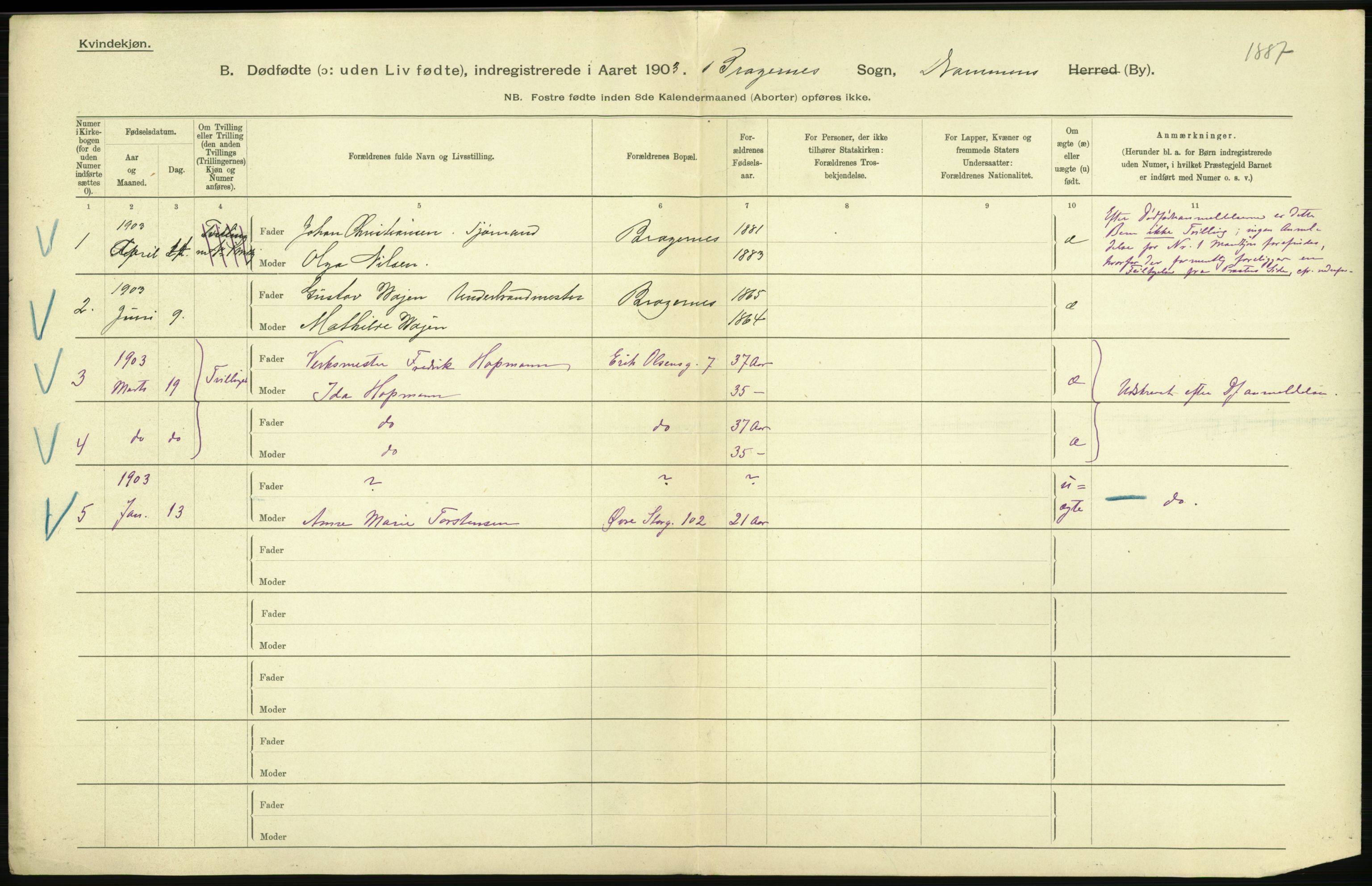 Statistisk sentralbyrå, Sosiodemografiske emner, Befolkning, RA/S-2228/D/Df/Dfa/Dfaa/L0026: Smålenenes - Finnmarkens amt: Dødfødte. Byer., 1903, p. 204