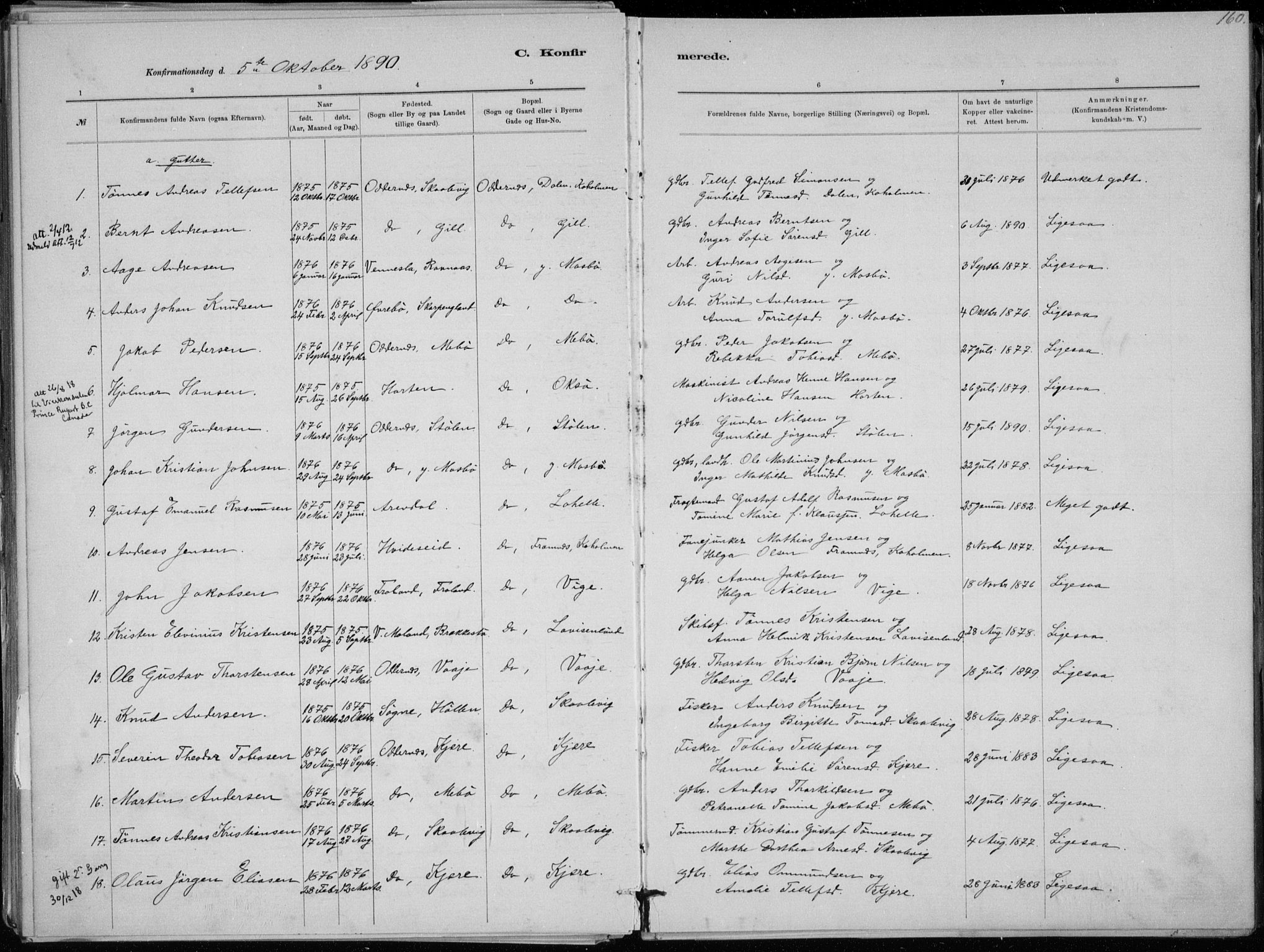 Oddernes sokneprestkontor, AV/SAK-1111-0033/F/Fa/Faa/L0009: Parish register (official) no. A 9, 1884-1896, p. 160