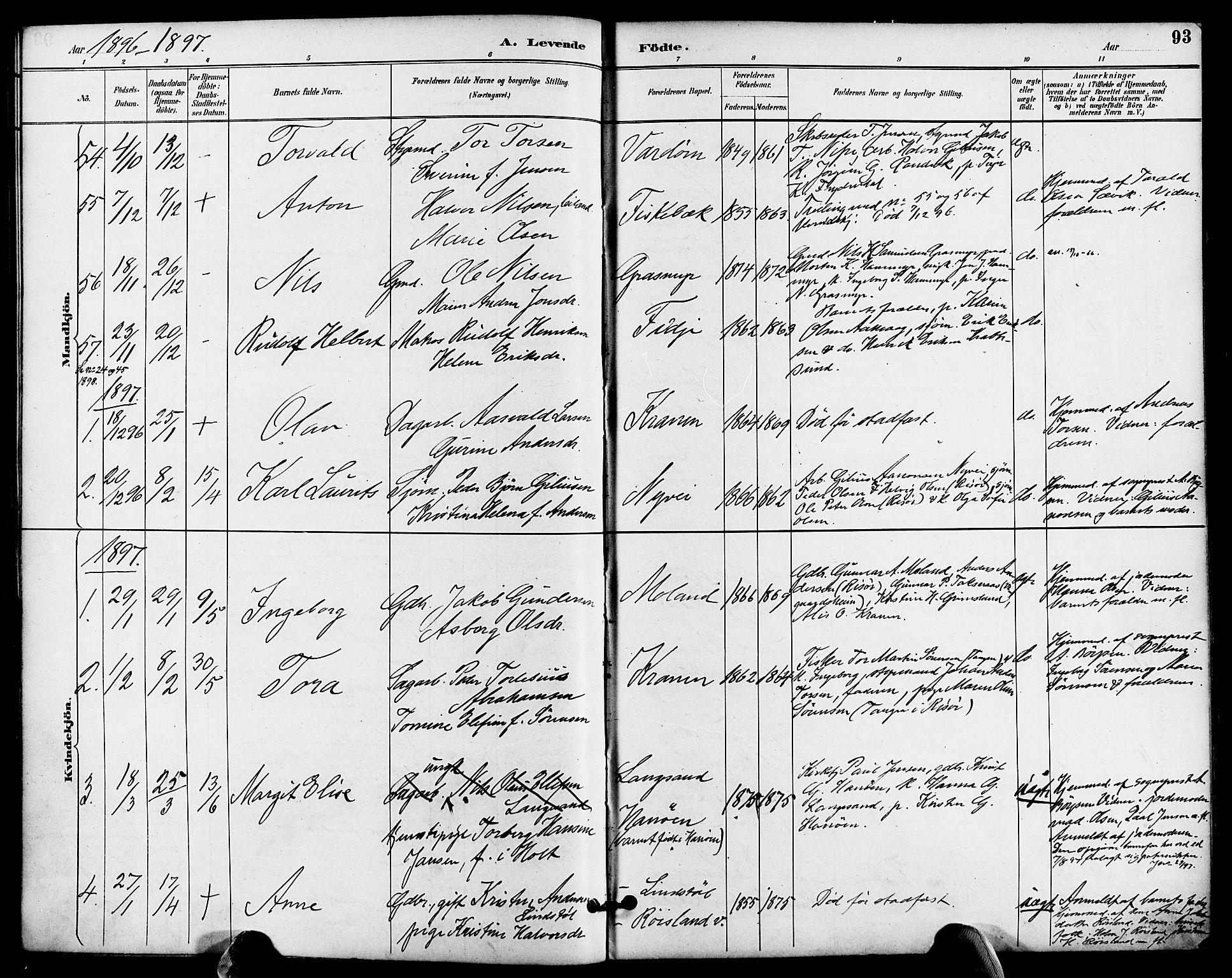 Søndeled sokneprestkontor, AV/SAK-1111-0038/F/Fa/L0005: Parish register (official) no. A 5, 1889-1899, p. 93