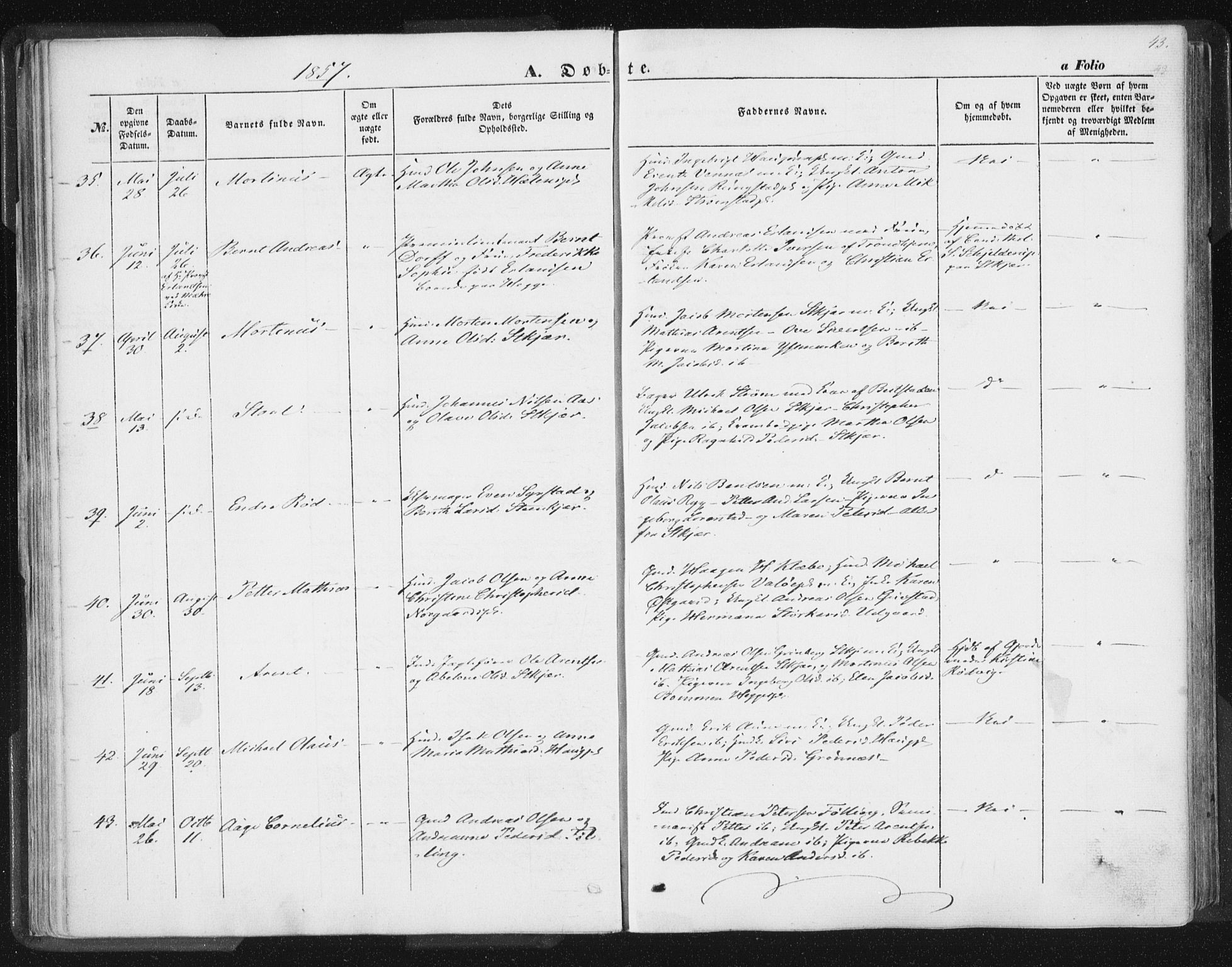 Ministerialprotokoller, klokkerbøker og fødselsregistre - Nord-Trøndelag, SAT/A-1458/746/L0446: Parish register (official) no. 746A05, 1846-1859, p. 43