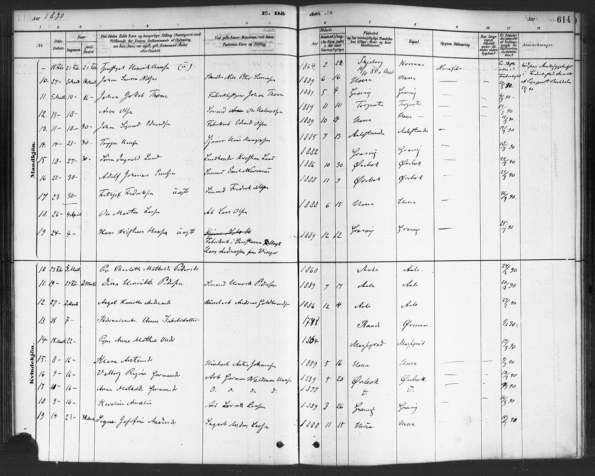 Onsøy prestekontor Kirkebøker, SAO/A-10914/F/Fa/L0006: Parish register (official) no. I 6, 1878-1898, p. 614