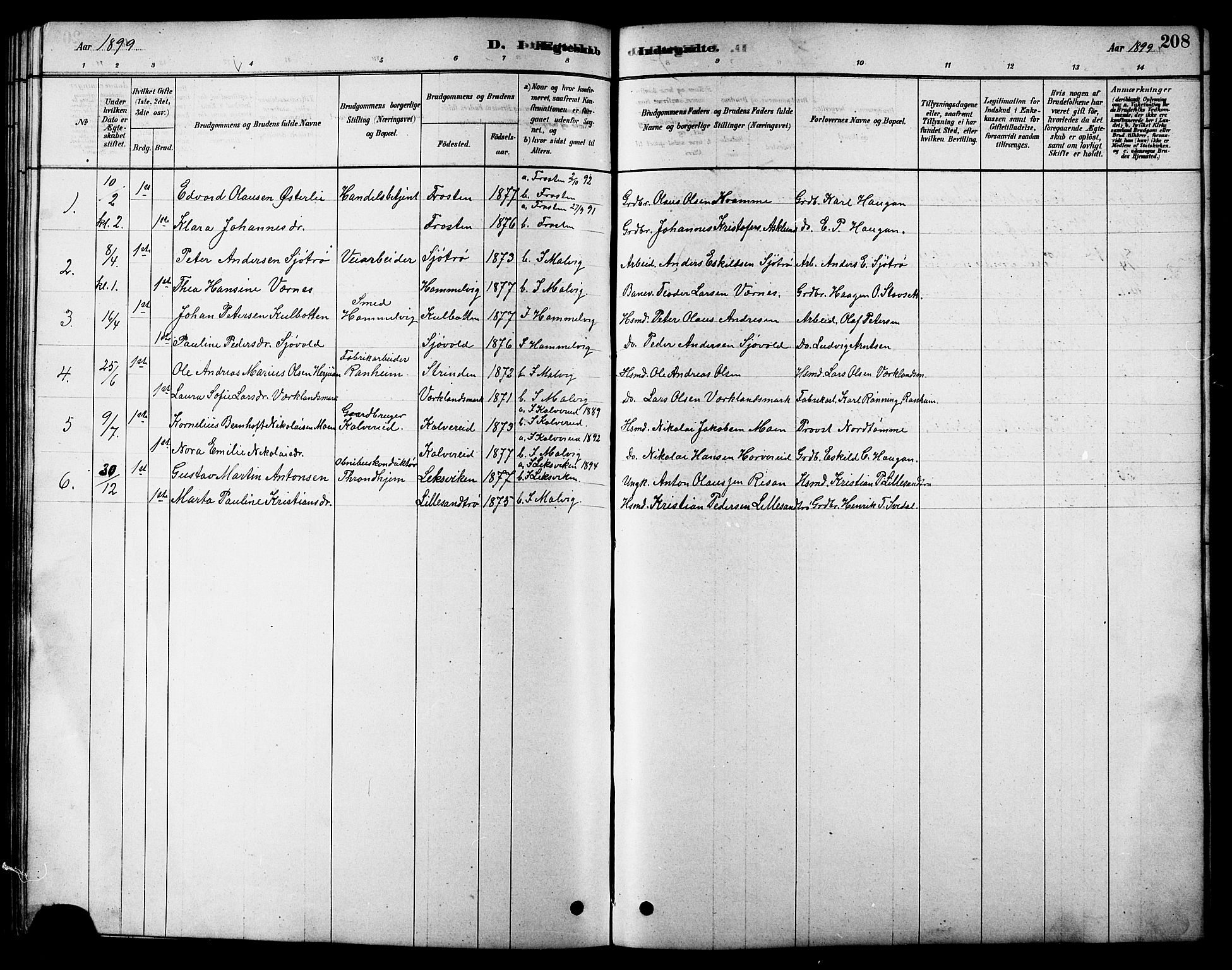 Ministerialprotokoller, klokkerbøker og fødselsregistre - Sør-Trøndelag, SAT/A-1456/616/L0423: Parish register (copy) no. 616C06, 1878-1903, p. 208