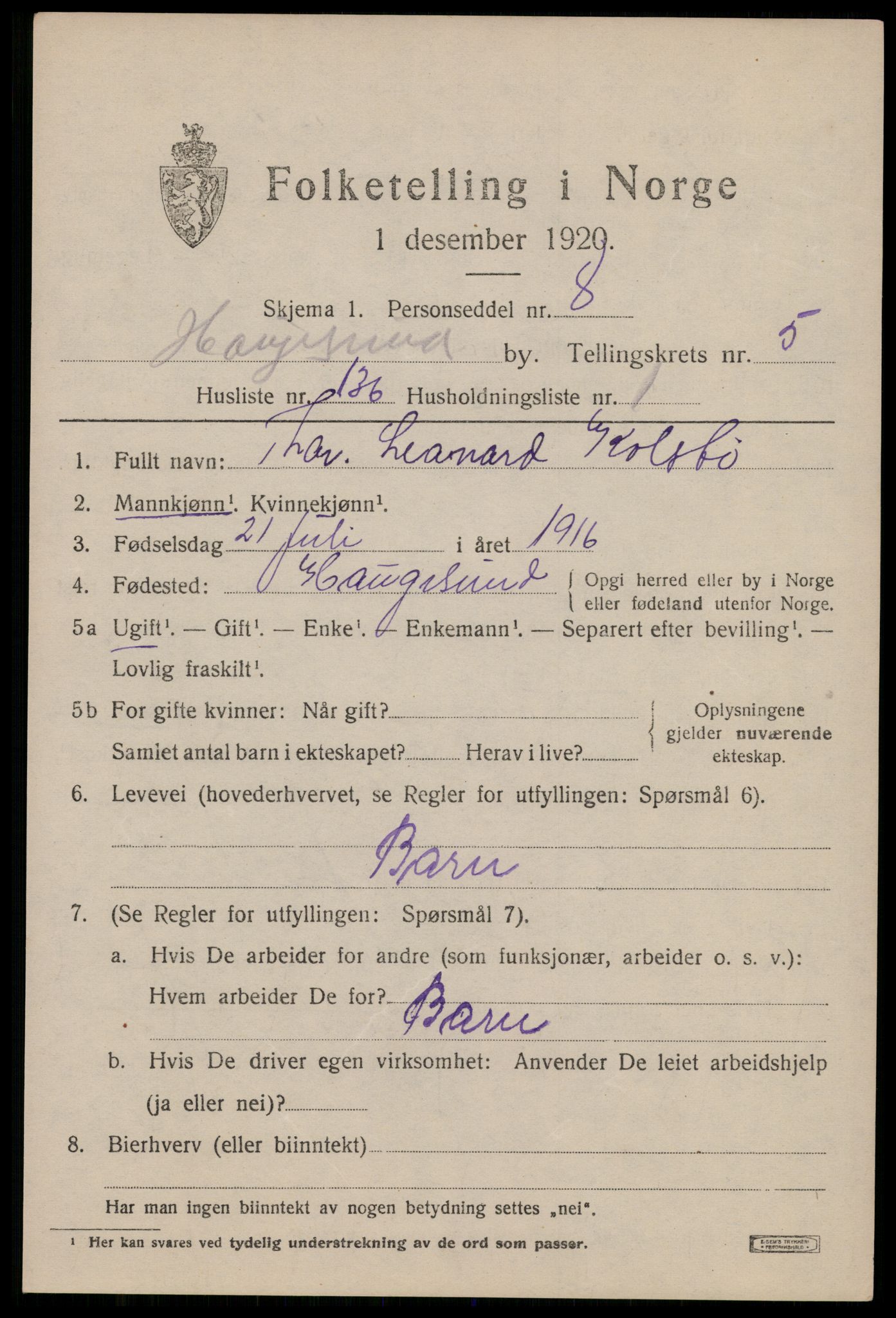 SAST, 1920 census for Haugesund, 1920, p. 20669