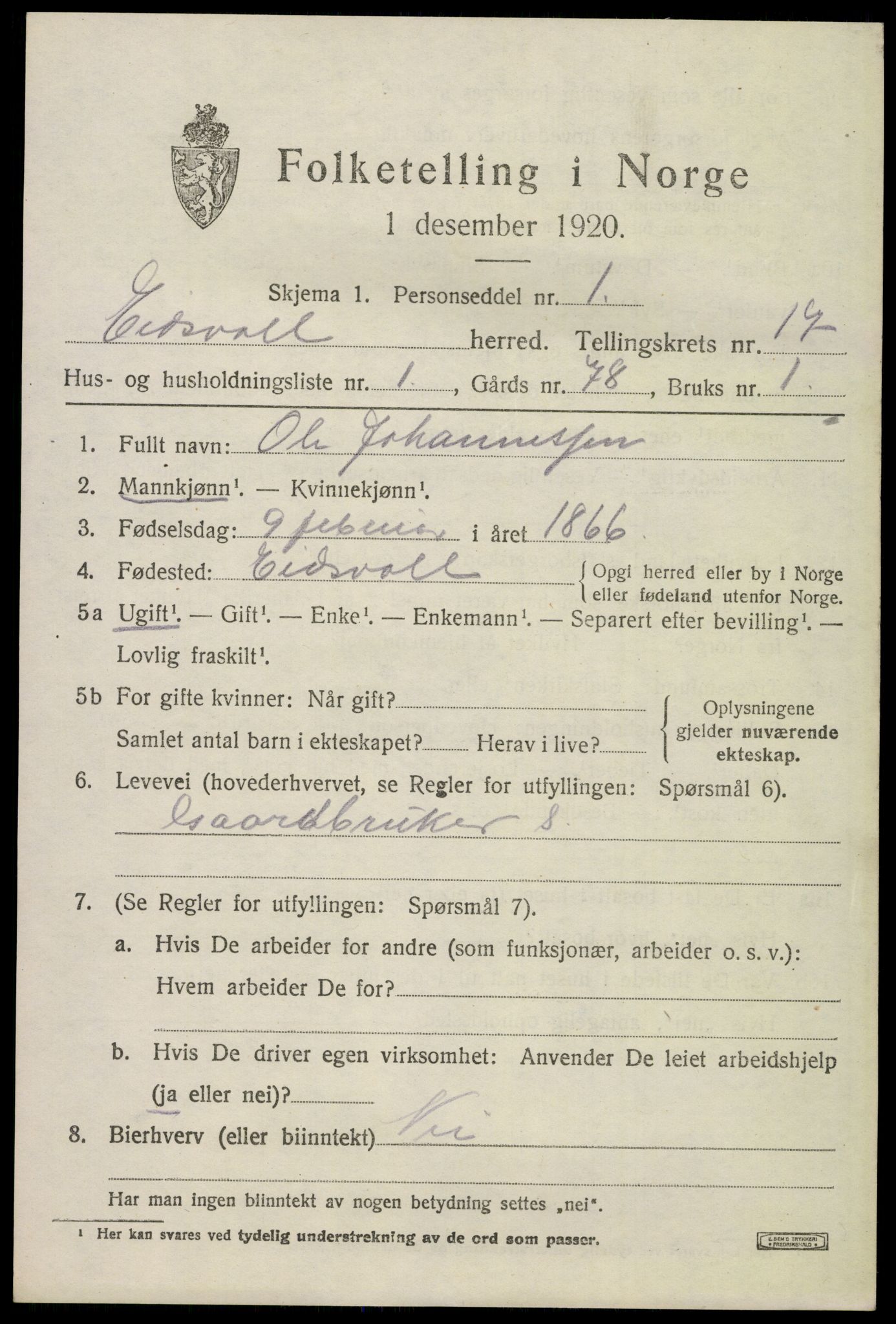 SAO, 1920 census for Eidsvoll, 1920, p. 23607