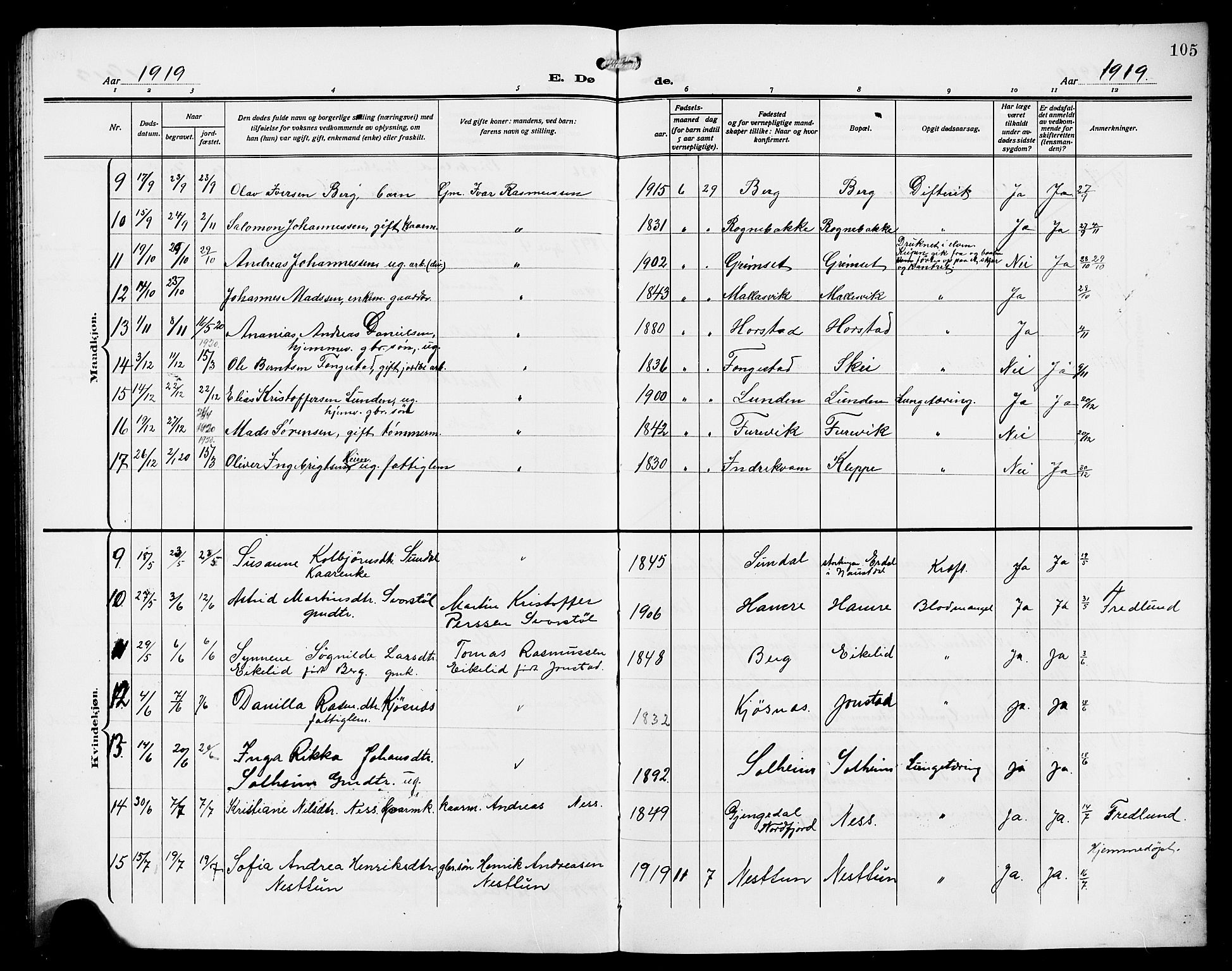 Førde sokneprestembete, AV/SAB-A-79901/H/Hab/Habd/L0007: Parish register (copy) no. D 7, 1912-1922, p. 105