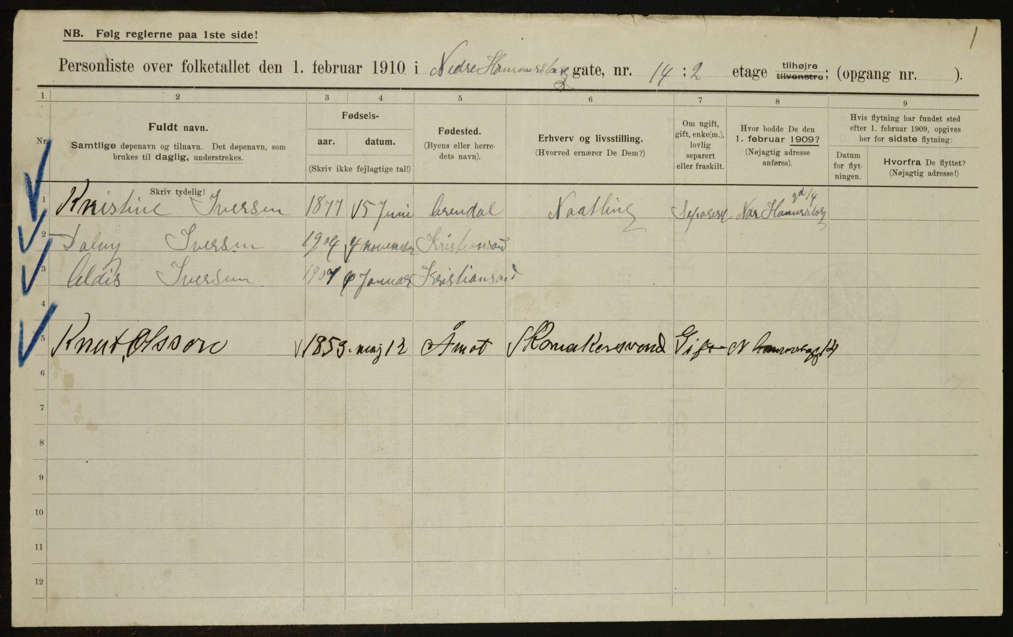 OBA, Municipal Census 1910 for Kristiania, 1910, p. 67098