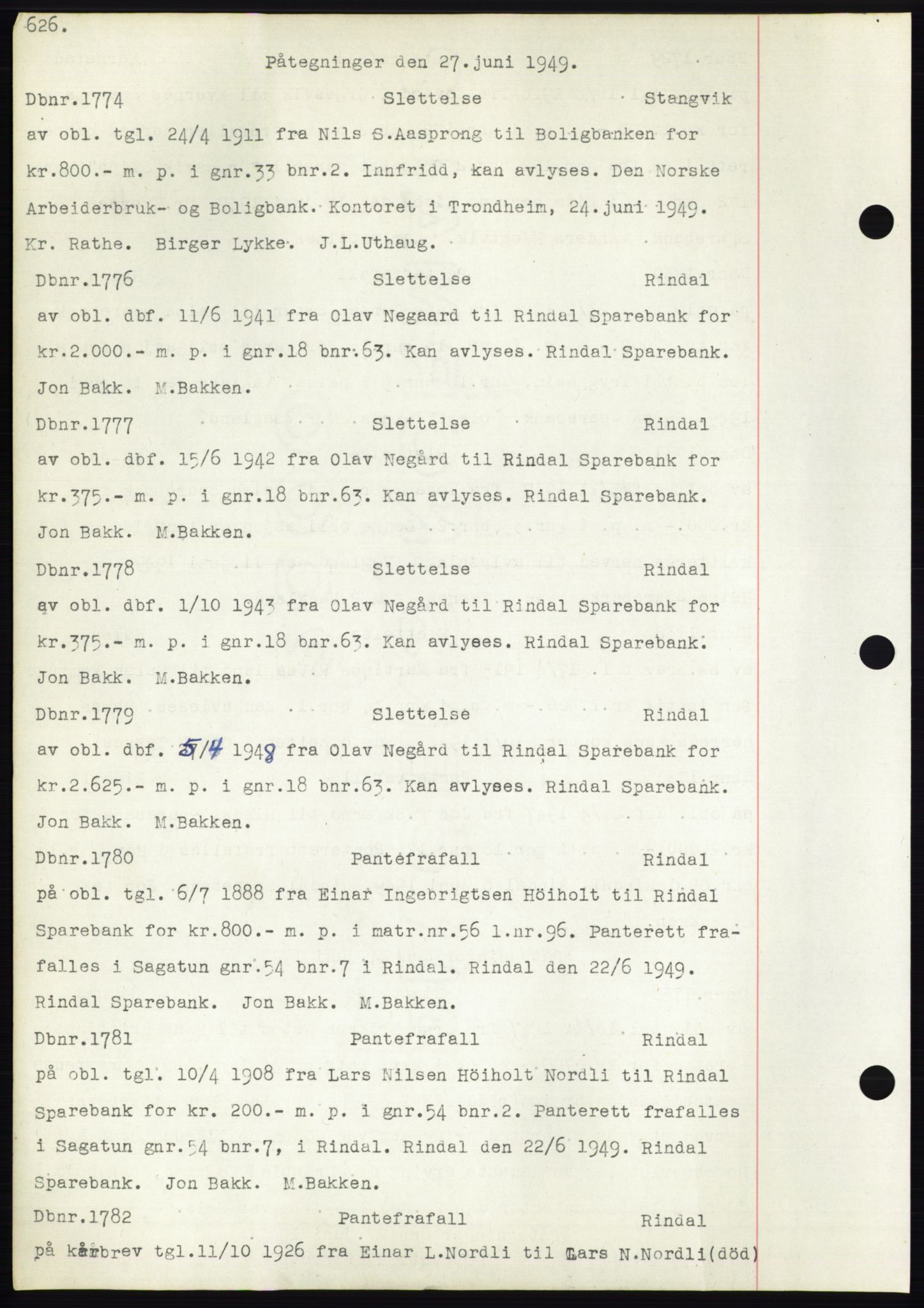 Nordmøre sorenskriveri, SAT/A-4132/1/2/2Ca: Mortgage book no. C82b, 1946-1951, Diary no: : 1774/1949