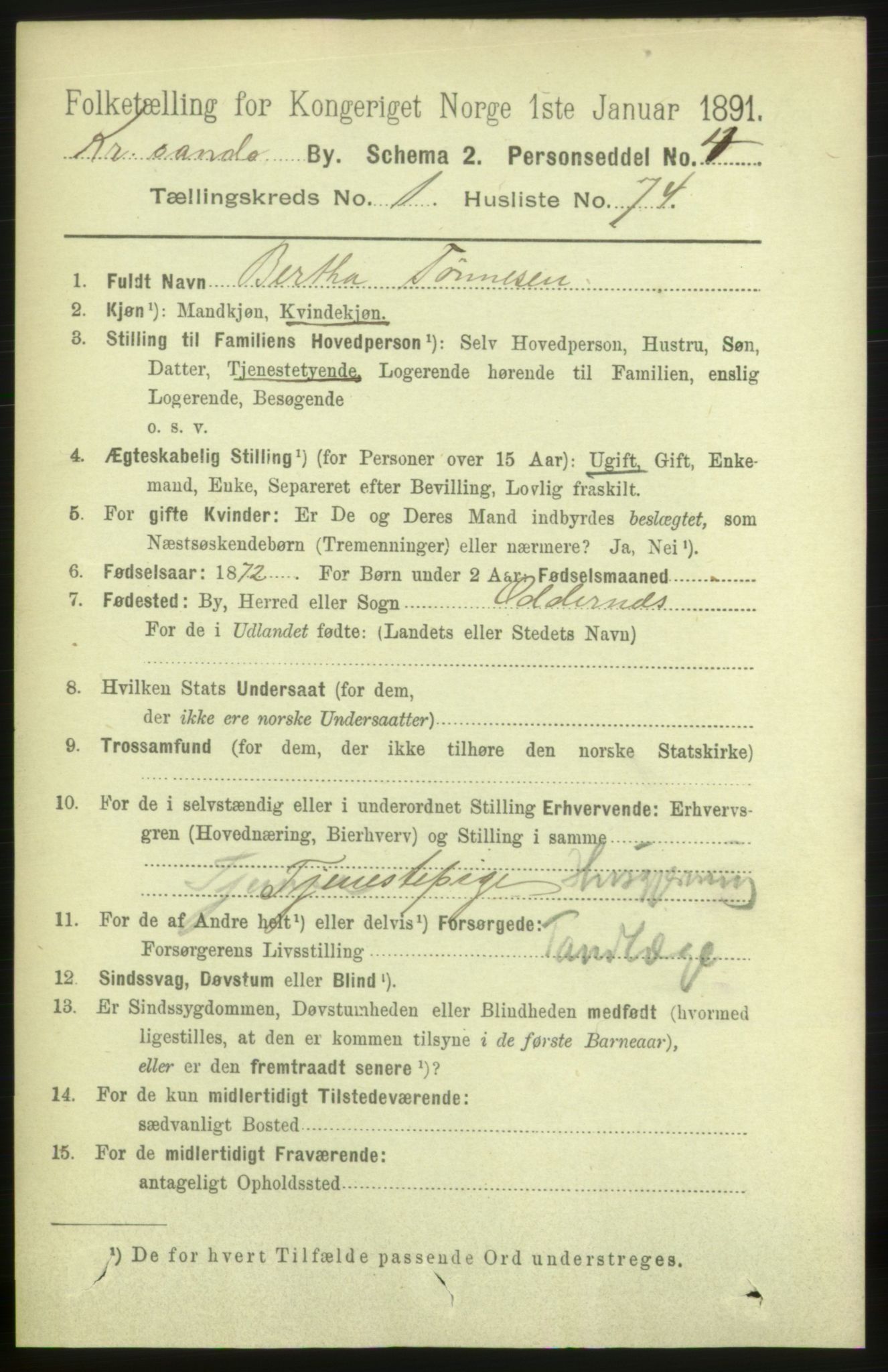 RA, 1891 census for 1001 Kristiansand, 1891, p. 3182