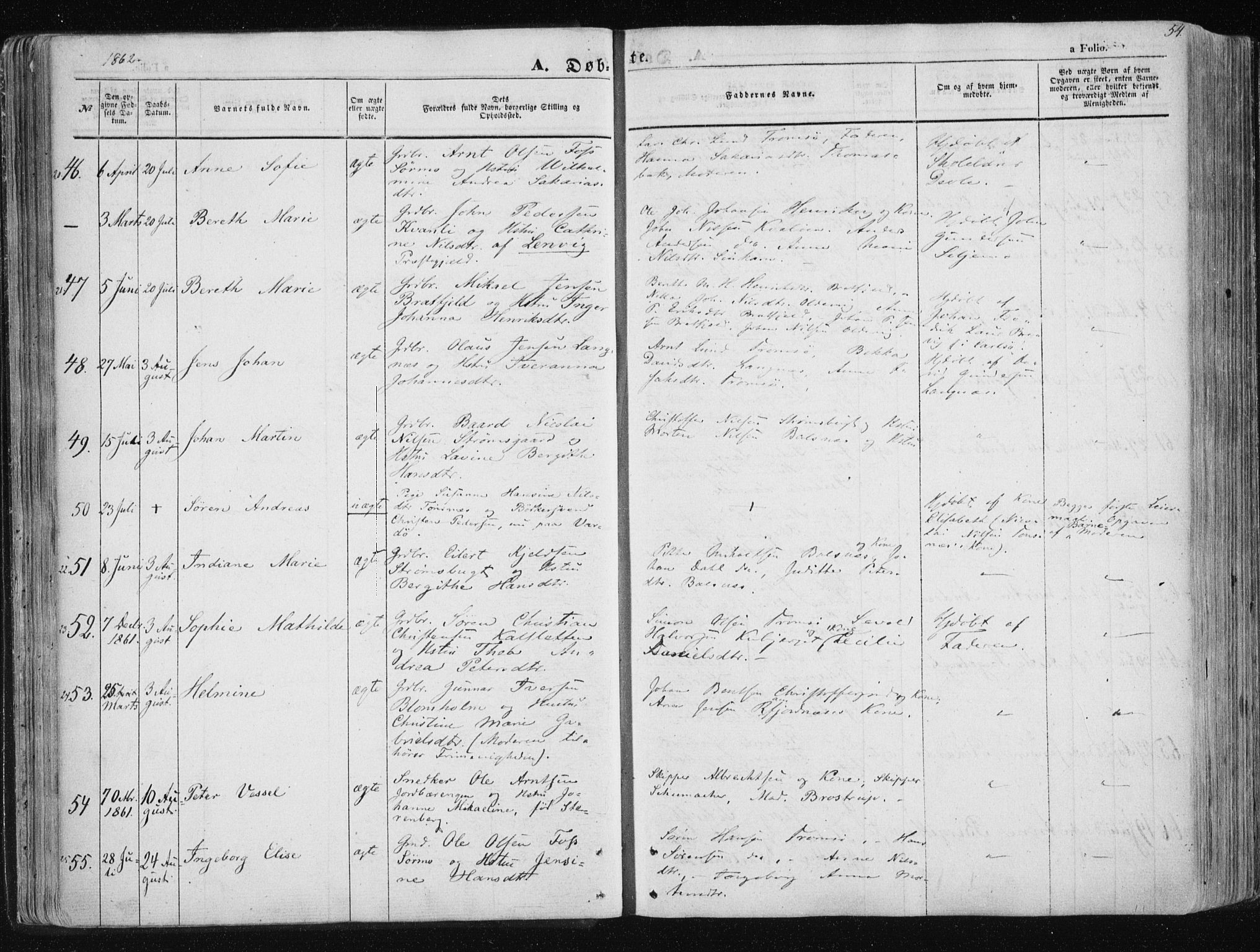 Tromsøysund sokneprestkontor, SATØ/S-1304/G/Ga/L0001kirke: Parish register (official) no. 1, 1856-1867, p. 54
