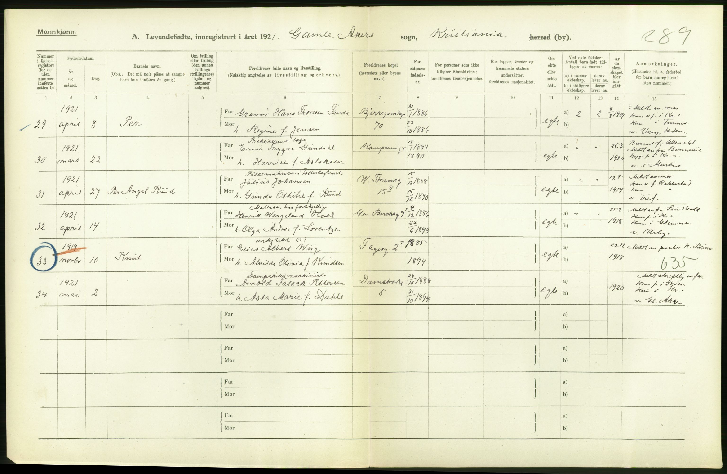 Statistisk sentralbyrå, Sosiodemografiske emner, Befolkning, RA/S-2228/D/Df/Dfc/Dfca/L0010: Kristiania: Levendefødte menn og kvinner., 1921, p. 156