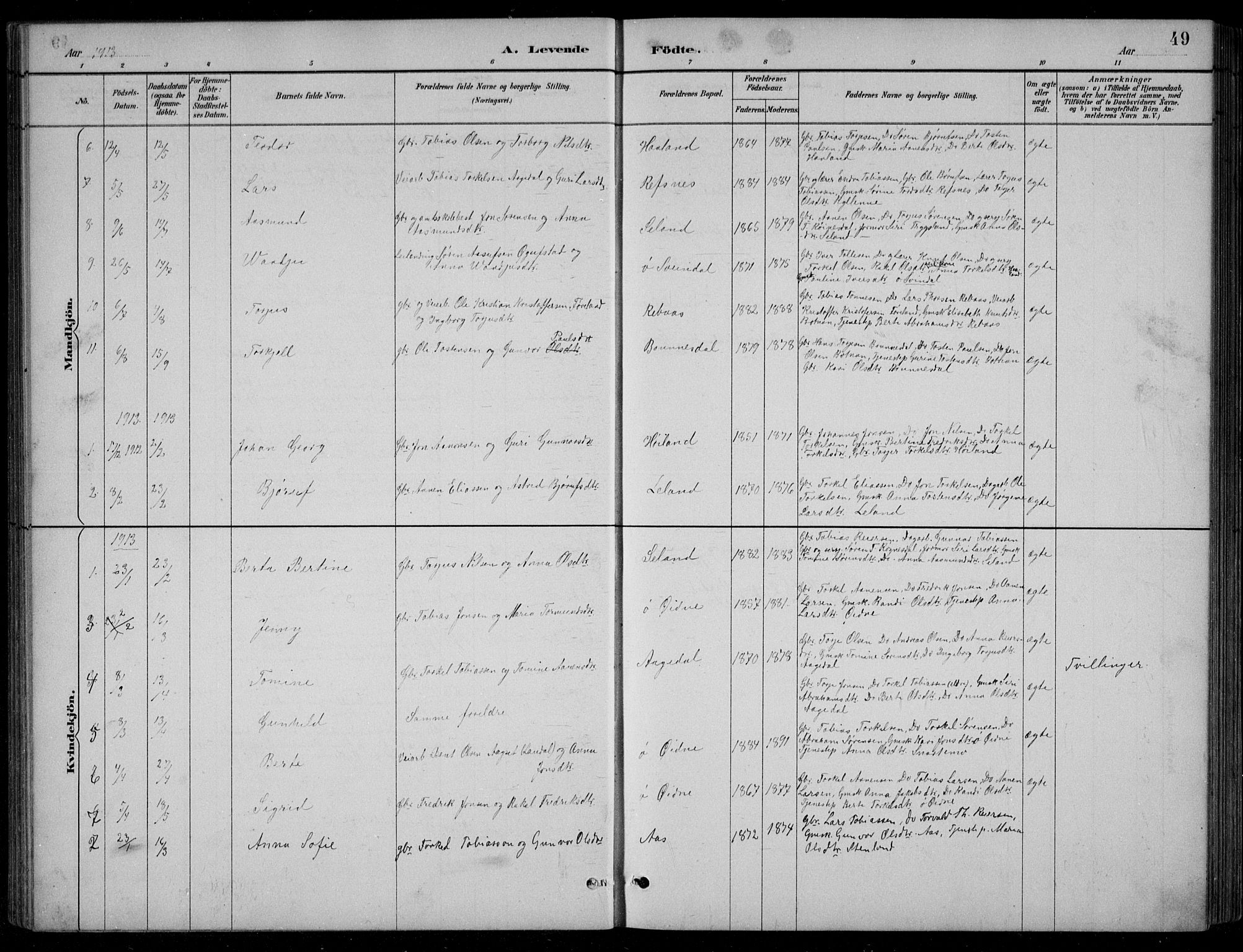 Bjelland sokneprestkontor, SAK/1111-0005/F/Fb/Fbc/L0003: Parish register (copy) no. B 3, 1887-1924, p. 49