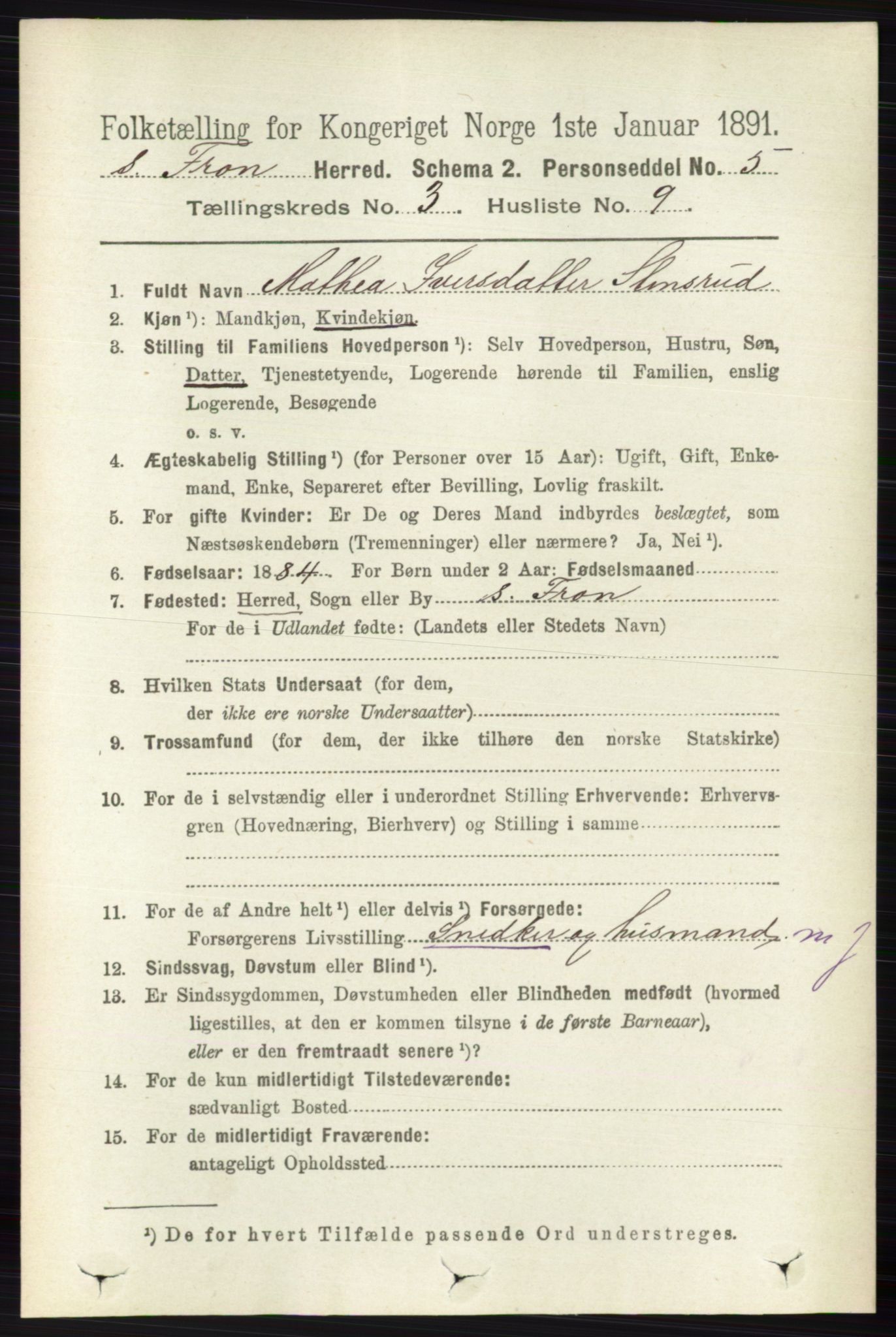 RA, 1891 census for 0519 Sør-Fron, 1891, p. 1014