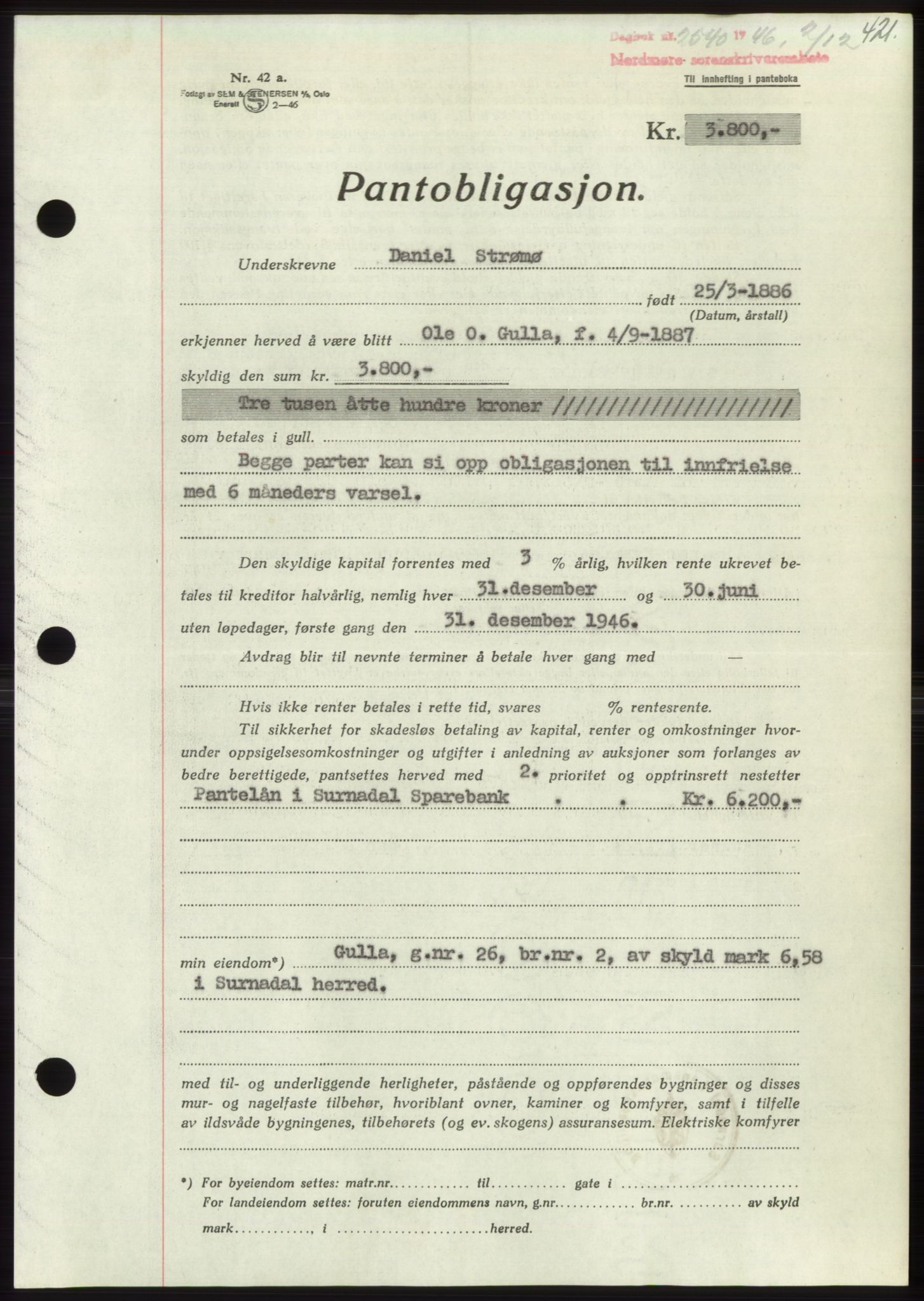 Nordmøre sorenskriveri, AV/SAT-A-4132/1/2/2Ca: Mortgage book no. B95, 1946-1947, Diary no: : 2540/1946