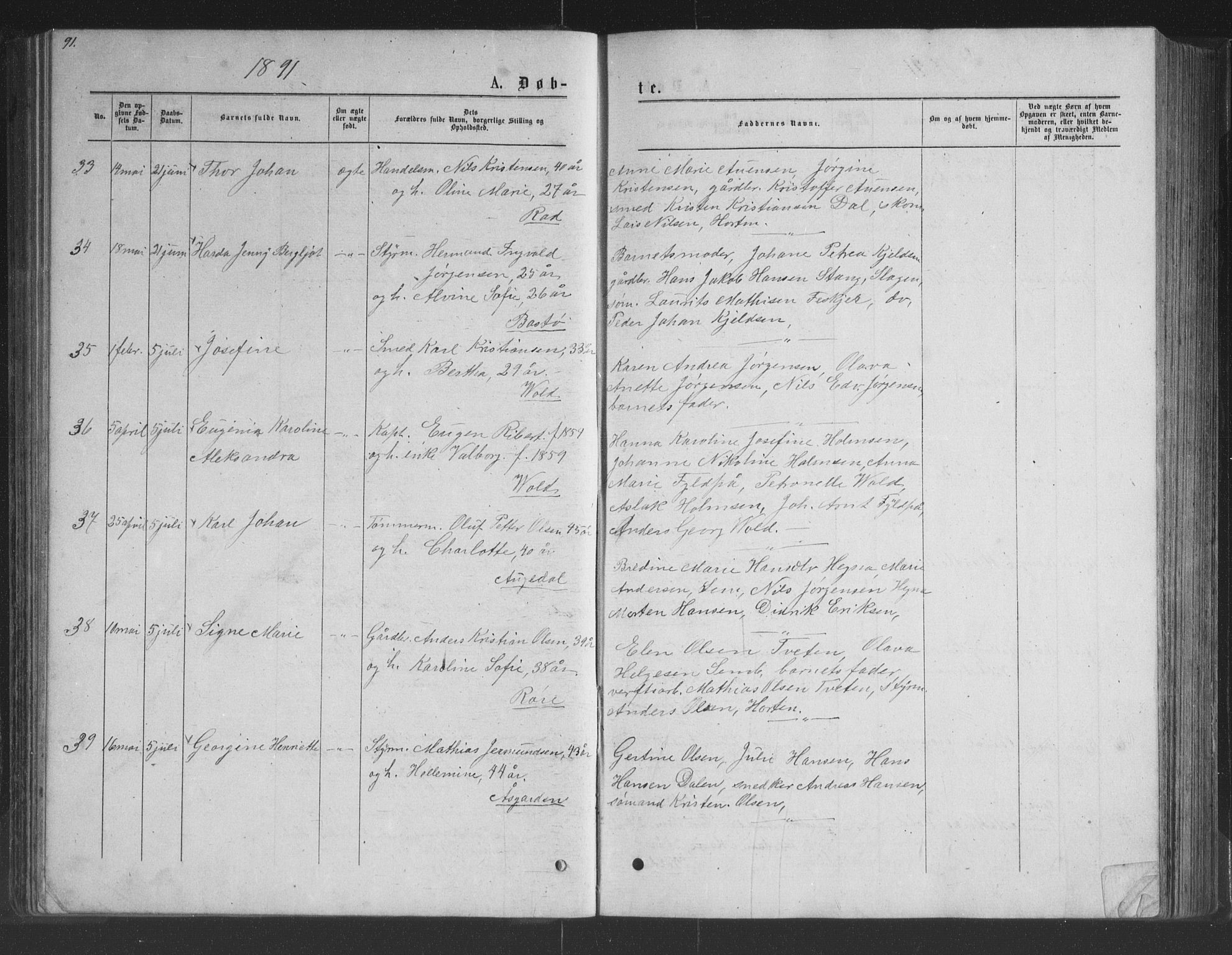 Borre kirkebøker, AV/SAKO-A-338/G/Ga/L0003: Parish register (copy) no. I 3, 1871-1892, p. 91