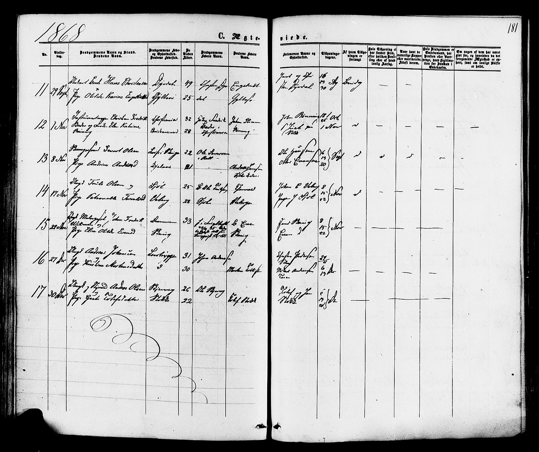 Sande Kirkebøker, AV/SAKO-A-53/F/Fa/L0005: Parish register (official) no. 5, 1865-1877, p. 181