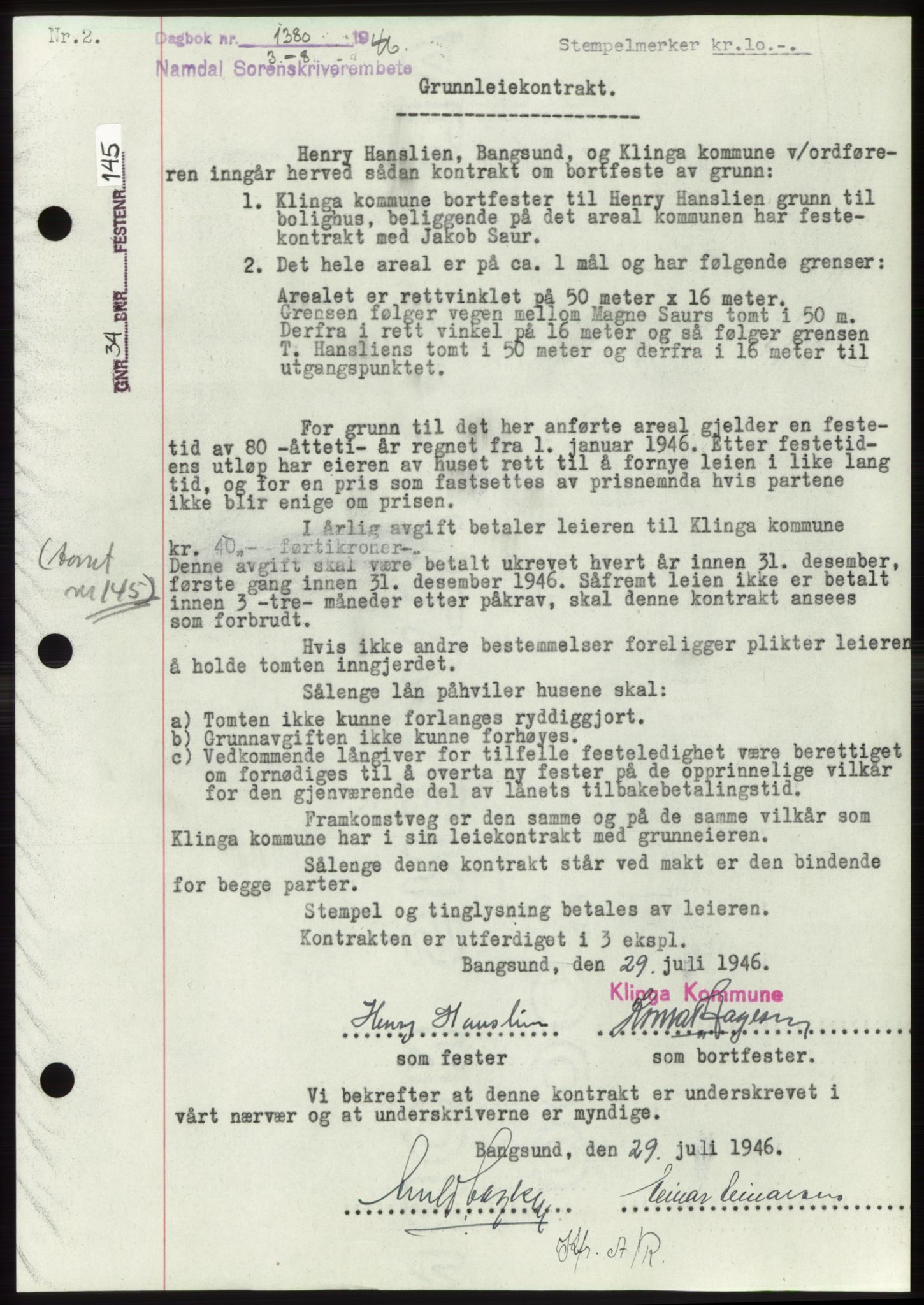 Namdal sorenskriveri, AV/SAT-A-4133/1/2/2C: Mortgage book no. -, 1946-1946, Diary no: : 1380/1946