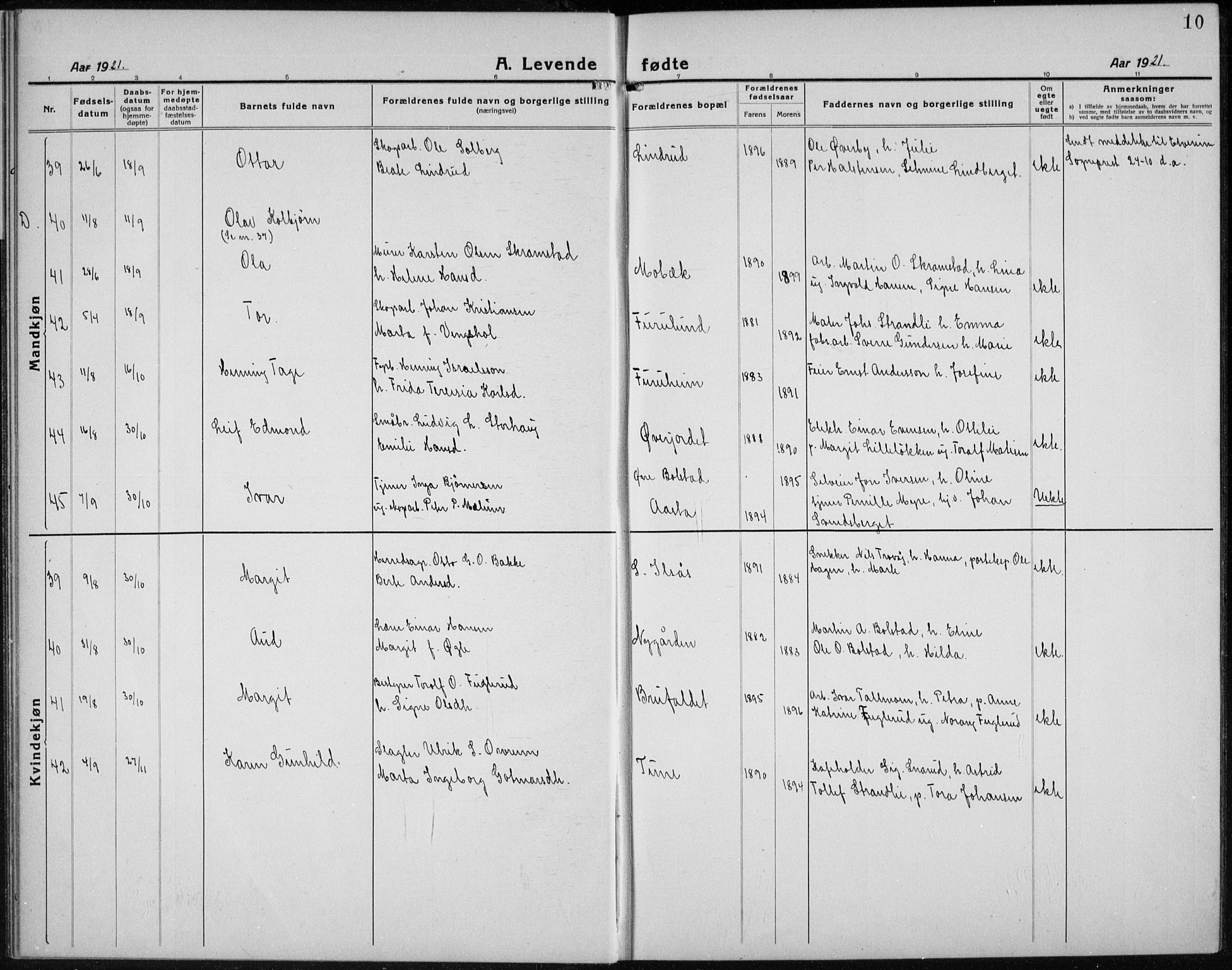 Åmot prestekontor, Hedmark, AV/SAH-PREST-056/H/Ha/Hab/L0005: Parish register (copy) no. 5, 1921-1934, p. 10