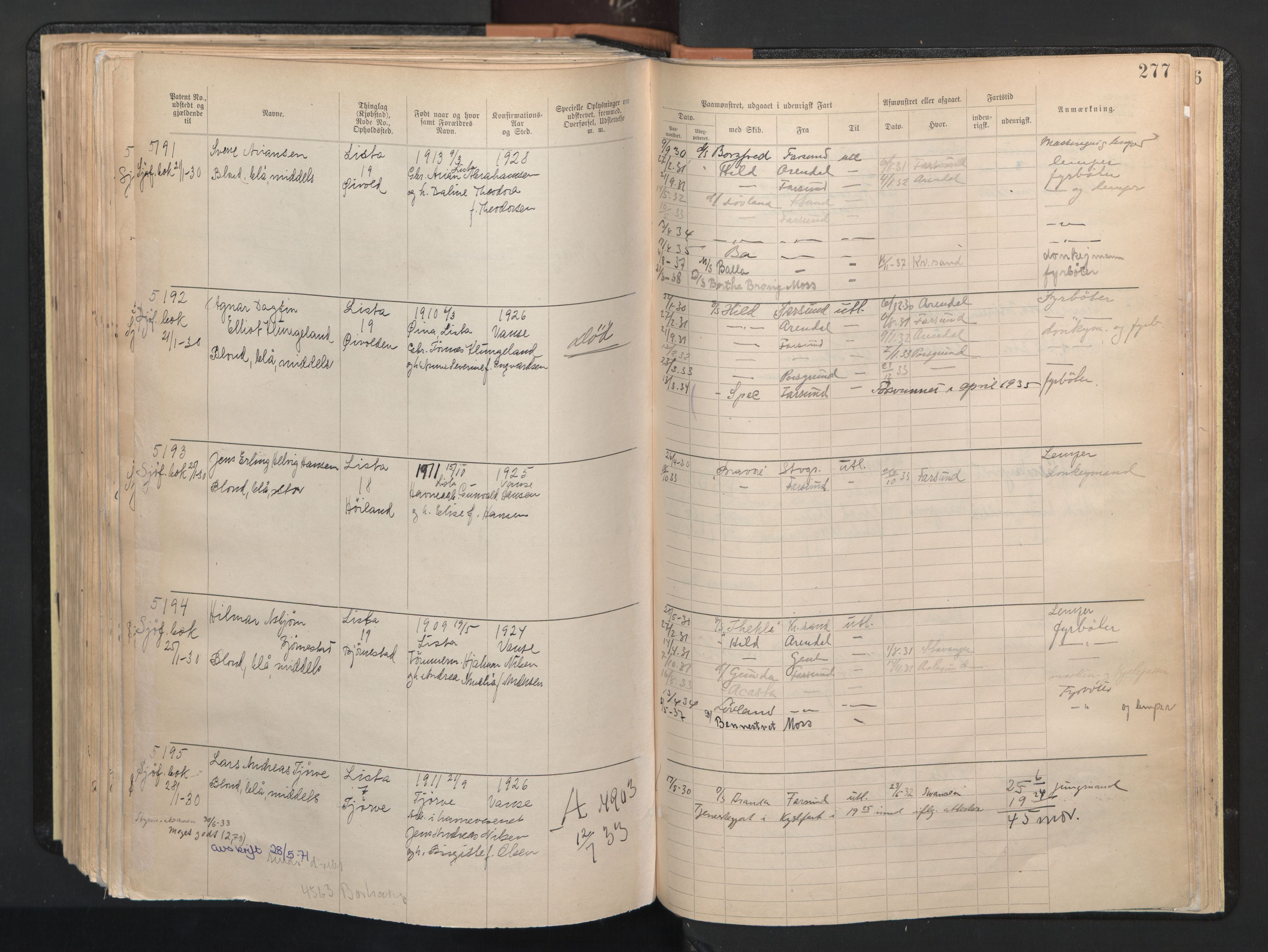 Farsund mønstringskrets, AV/SAK-2031-0017/F/Fa/L0003: Annotasjonsrulle nr 3816-5304 med register, M-3, 1894-1948, p. 312