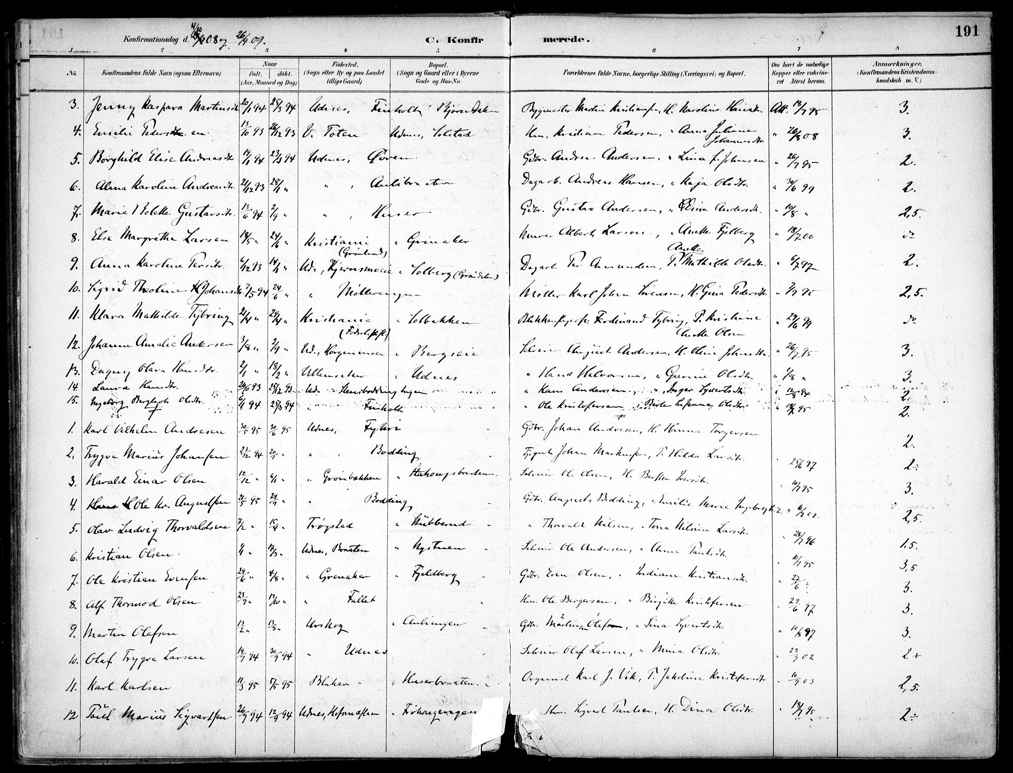 Nes prestekontor Kirkebøker, SAO/A-10410/F/Fc/L0002: Parish register (official) no. IIi 2, 1882-1916, p. 191