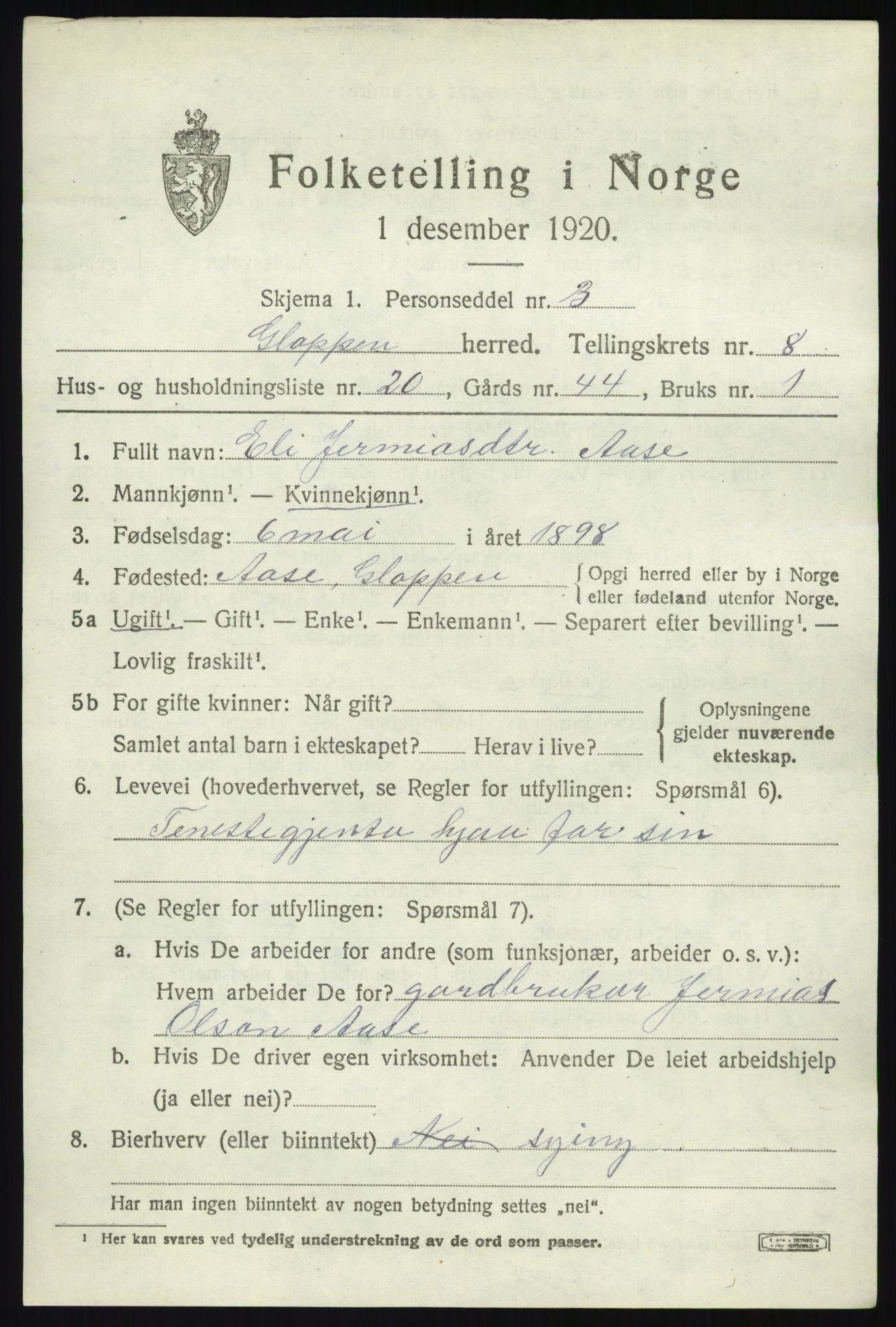 SAB, 1920 census for Gloppen, 1920, p. 4846