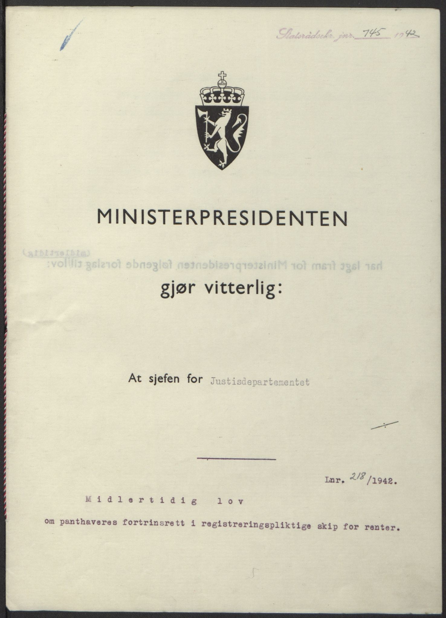 NS-administrasjonen 1940-1945 (Statsrådsekretariatet, de kommisariske statsråder mm), RA/S-4279/D/Db/L0098: Lover II, 1942, p. 508