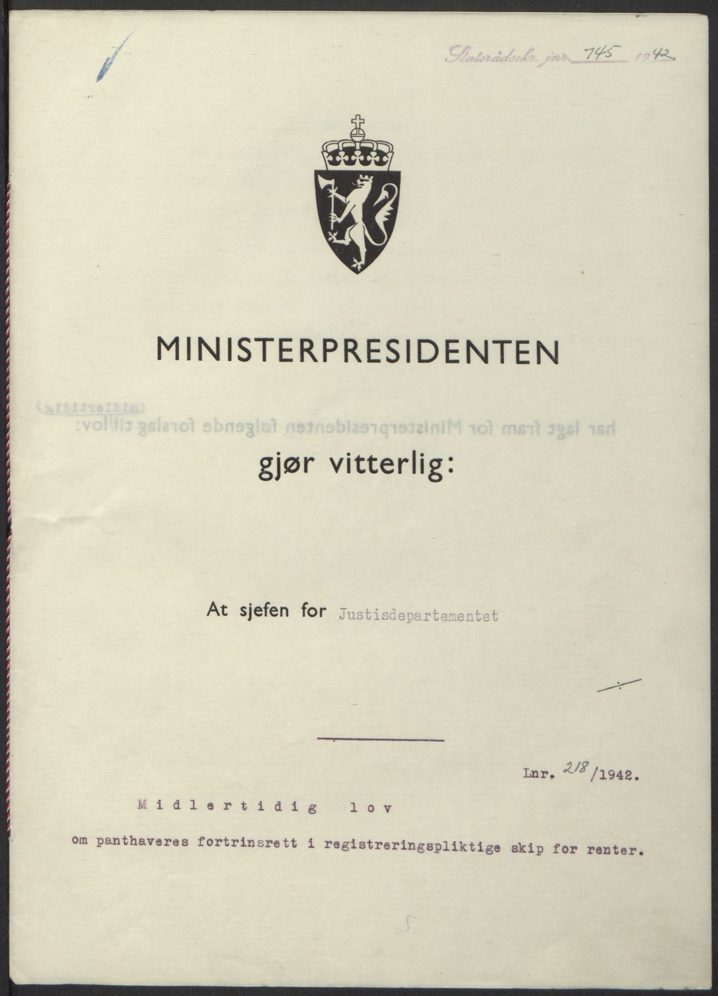 NS-administrasjonen 1940-1945 (Statsrådsekretariatet, de kommisariske statsråder mm), AV/RA-S-4279/D/Db/L0098: Lover II, 1942, p. 508