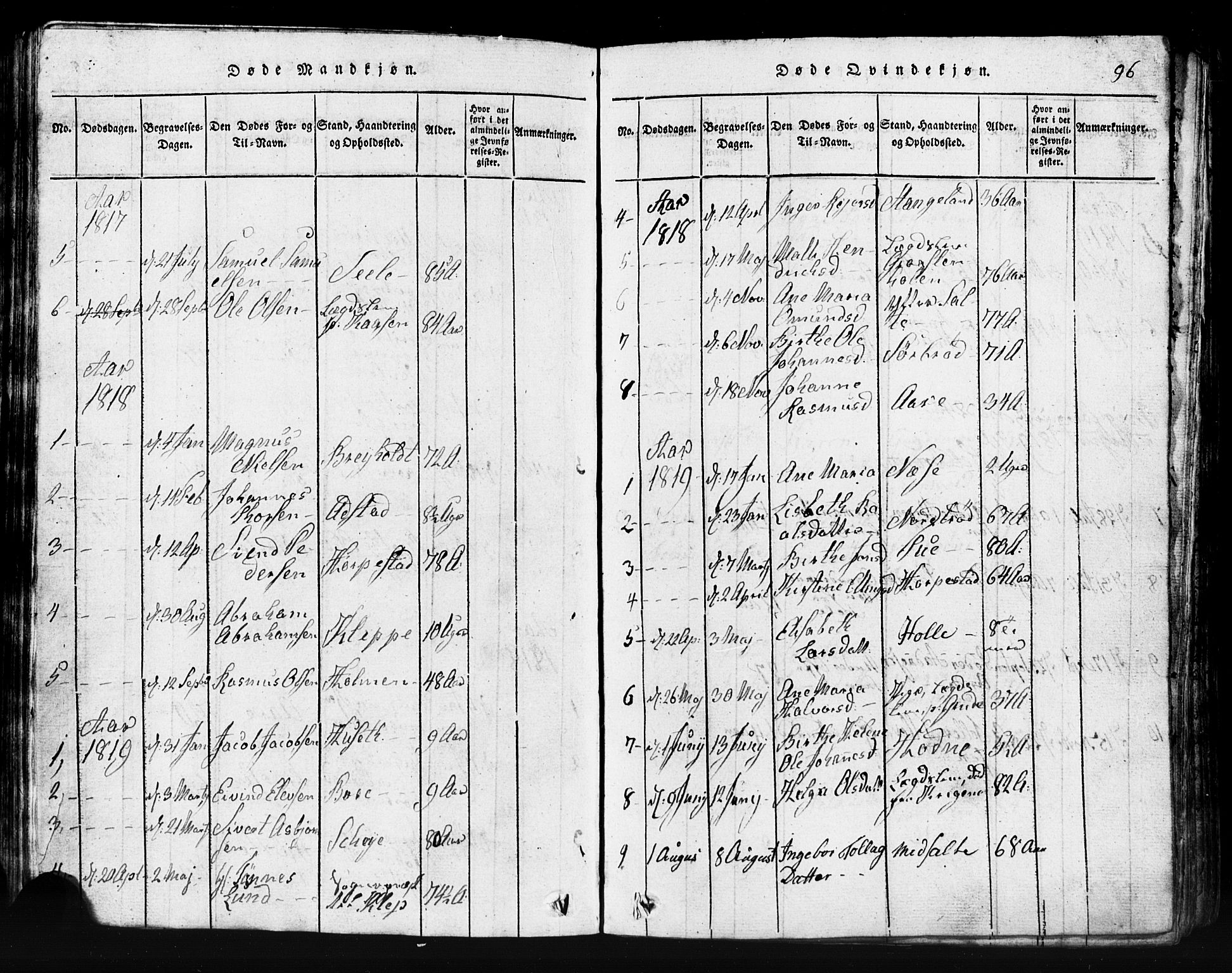 Klepp sokneprestkontor, SAST/A-101803/001/3/30BB/L0001: Parish register (copy) no.  B 1, 1816-1859, p. 96