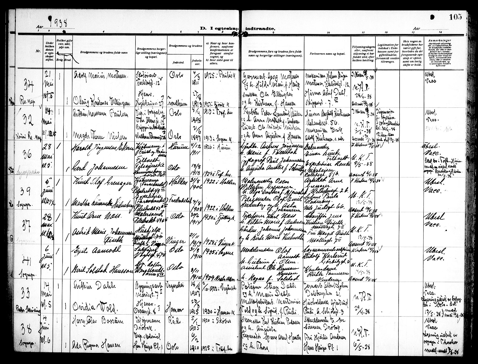 Trefoldighet prestekontor Kirkebøker, SAO/A-10882/H/Ha/L0005: Banns register no. 5, 1932-1952, p. 105