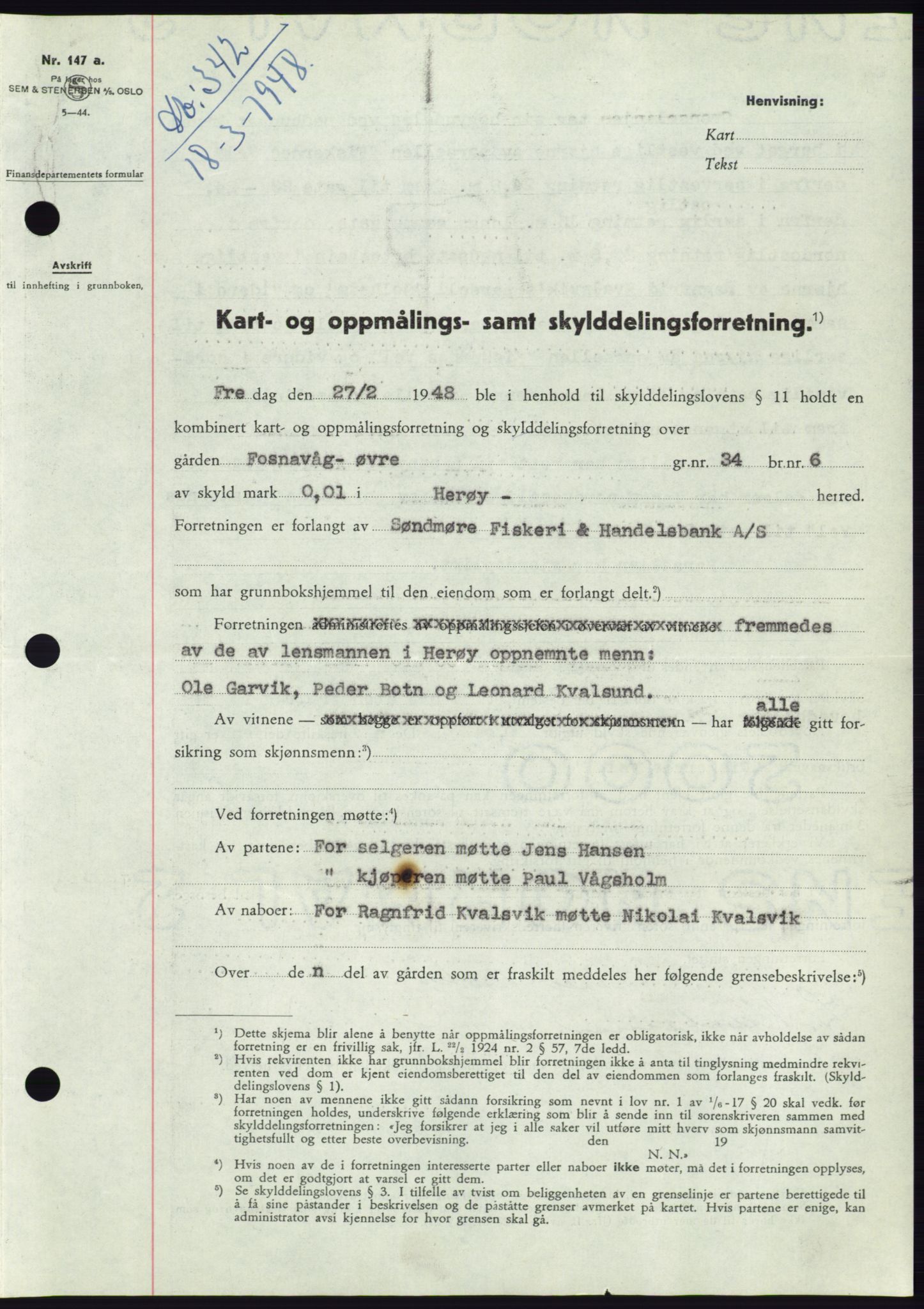 Søre Sunnmøre sorenskriveri, AV/SAT-A-4122/1/2/2C/L0082: Mortgage book no. 8A, 1948-1948, Diary no: : 342/1948