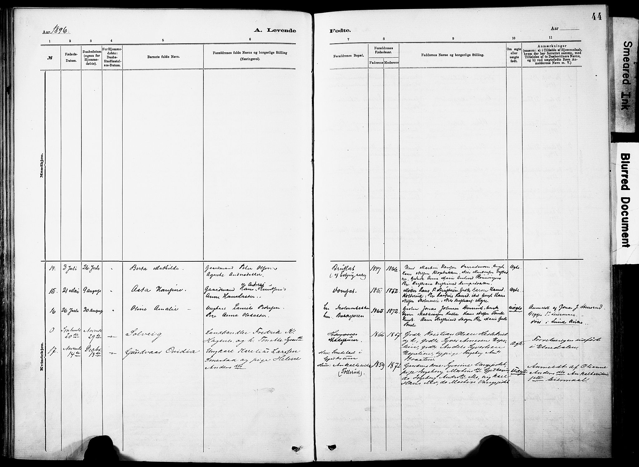 Nordre Land prestekontor, SAH/PREST-124/H/Ha/Haa/L0005: Parish register (official) no. 5, 1882-1903, p. 44