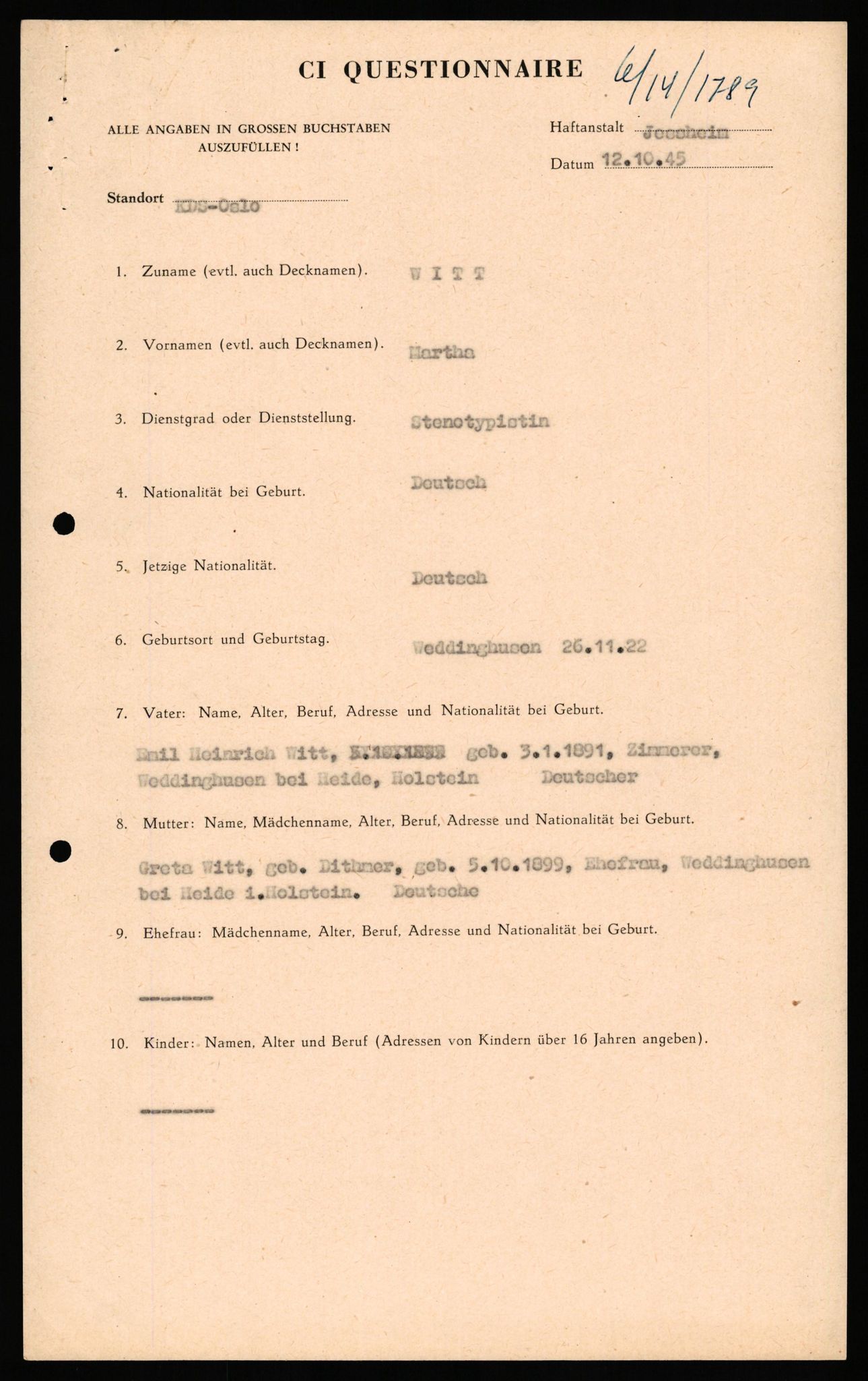 Forsvaret, Forsvarets overkommando II, AV/RA-RAFA-3915/D/Db/L0036: CI Questionaires. Tyske okkupasjonsstyrker i Norge. Tyskere., 1945-1946, p. 336