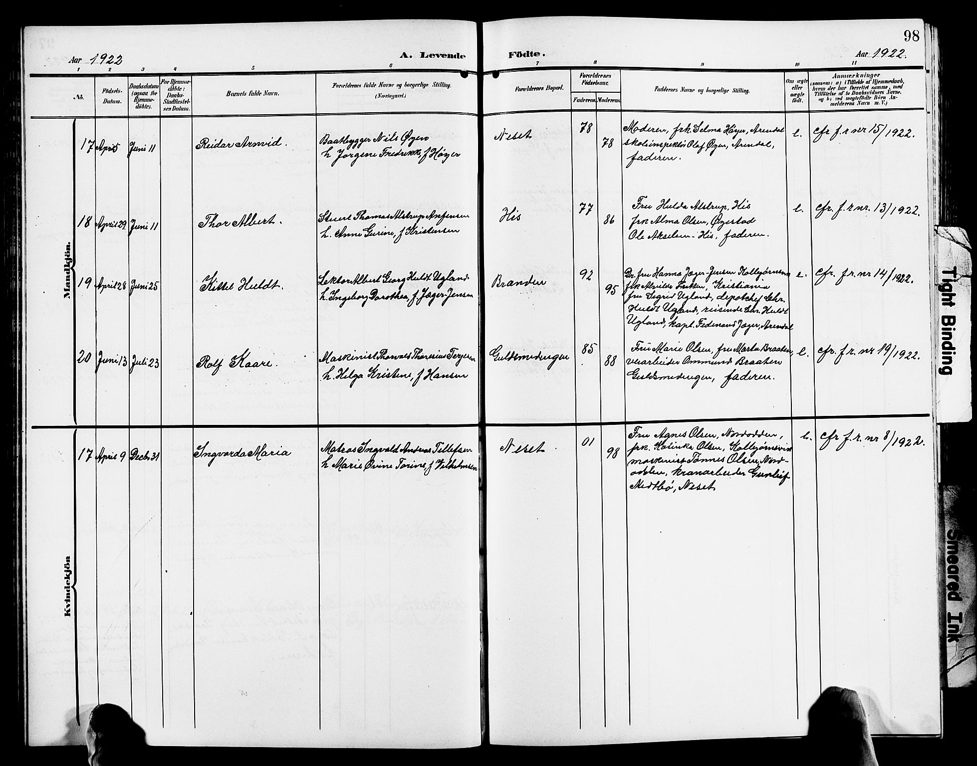 Hisøy sokneprestkontor, AV/SAK-1111-0020/F/Fb/L0004: Parish register (copy) no. B 4, 1905-1923, p. 98