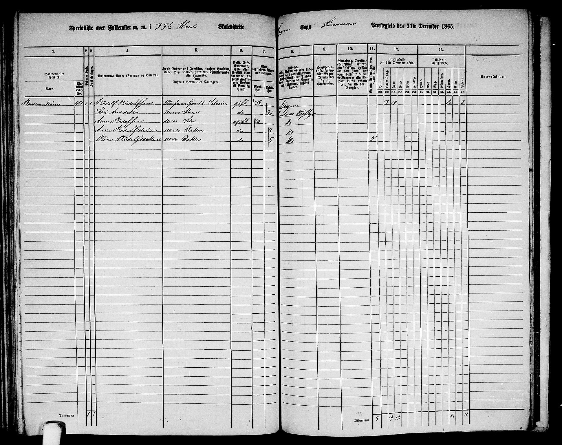 RA, 1865 census for Lindås, 1865, p. 193