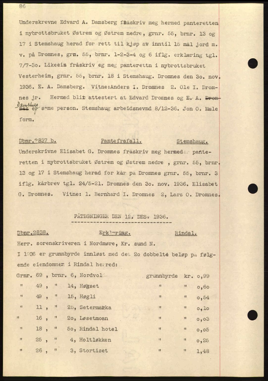 Nordmøre sorenskriveri, AV/SAT-A-4132/1/2/2Ca: Mortgage book no. C80, 1936-1939, Diary no: : 2837/1936