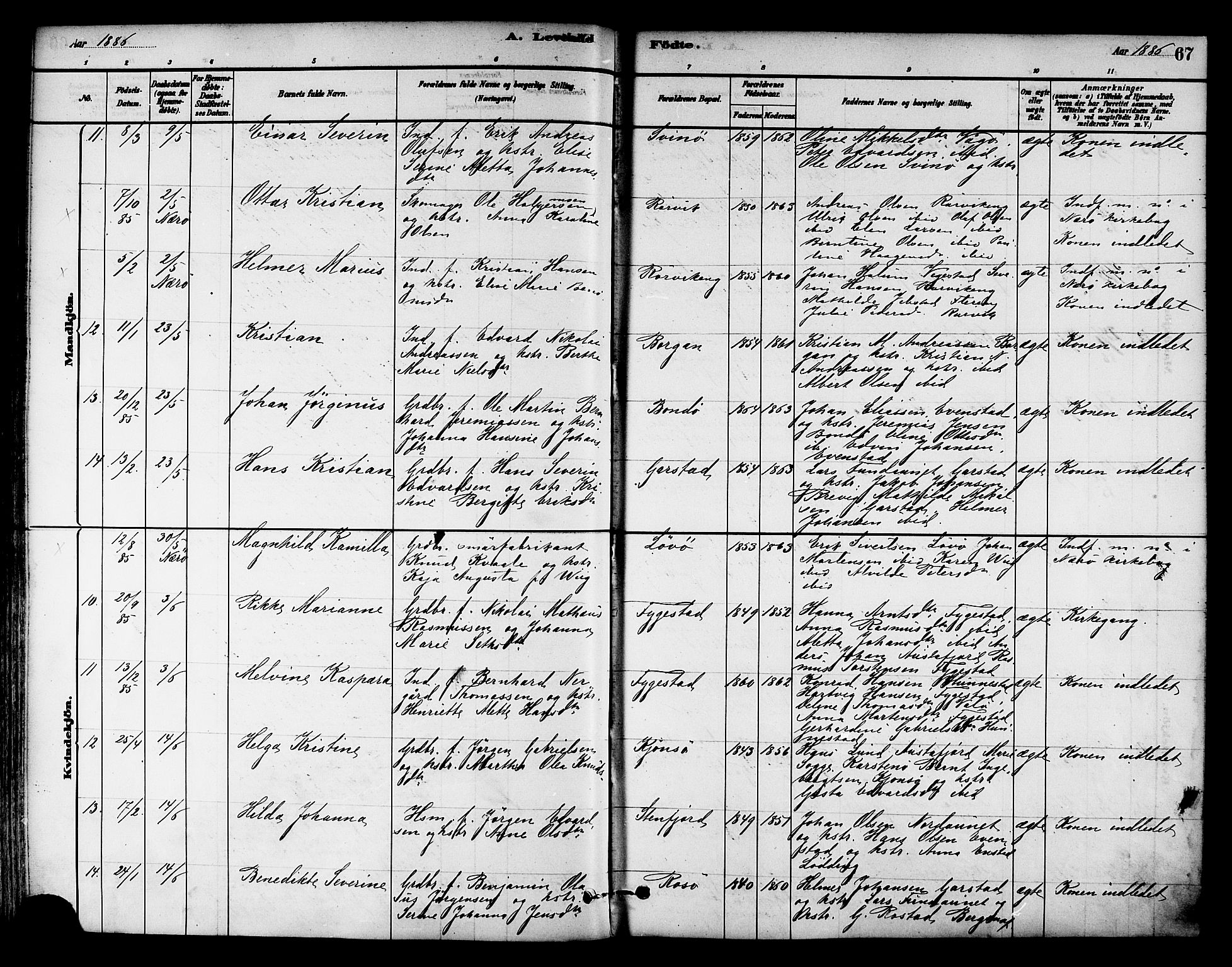 Ministerialprotokoller, klokkerbøker og fødselsregistre - Nord-Trøndelag, AV/SAT-A-1458/786/L0686: Parish register (official) no. 786A02, 1880-1887, p. 67