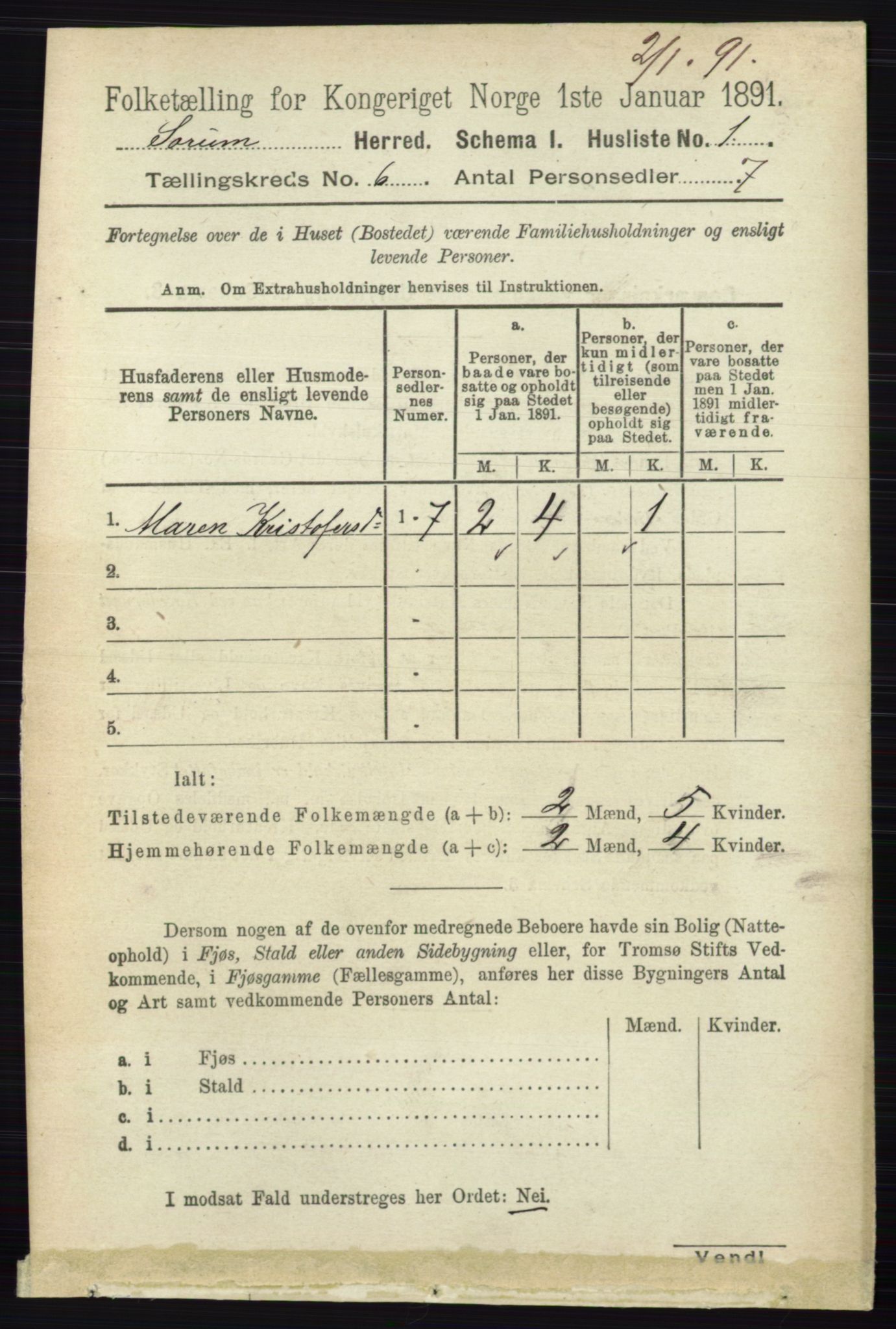 RA, 1891 census for 0226 Sørum, 1891, p. 2621