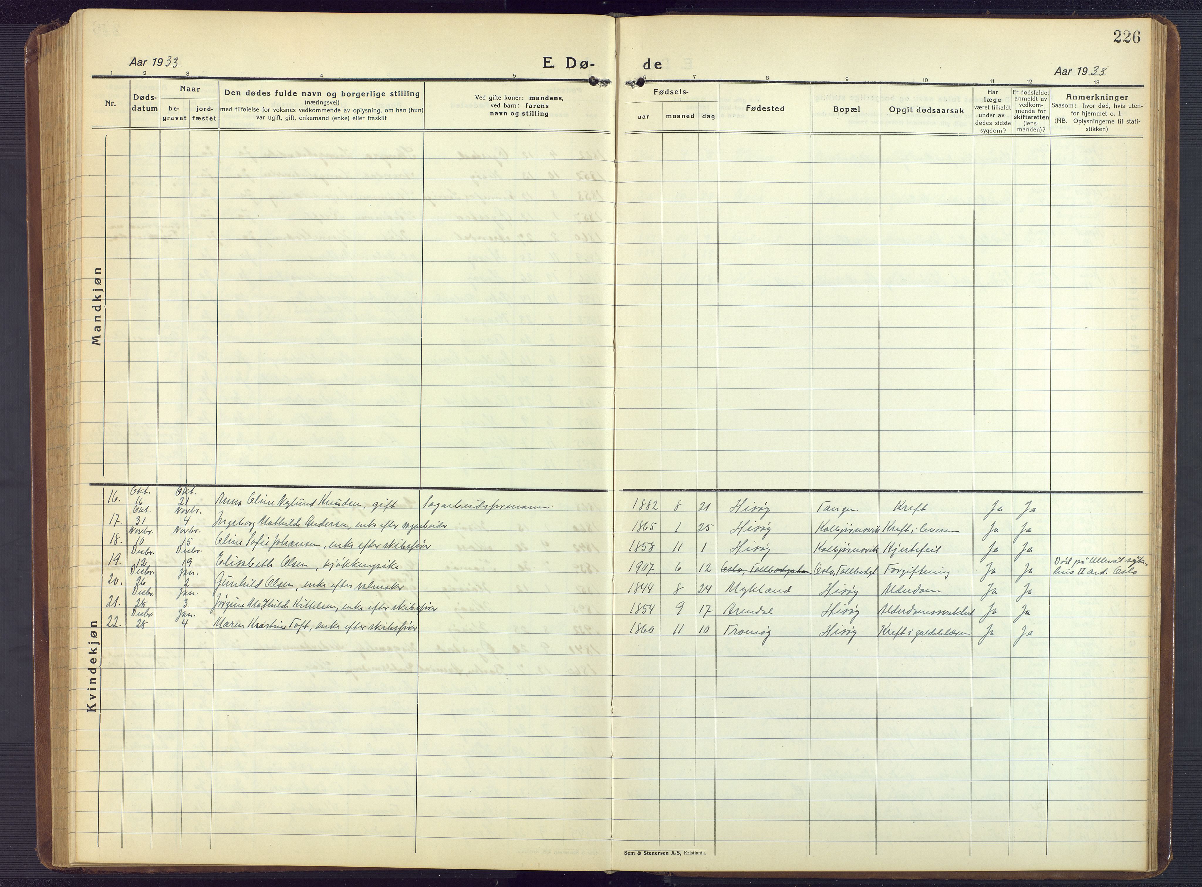 Hisøy sokneprestkontor, AV/SAK-1111-0020/F/Fb/L0005: Parish register (copy) no. B 5, 1924-1946, p. 226