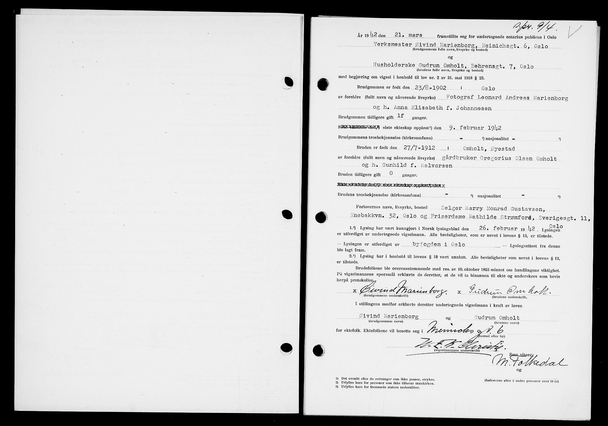 Oslo byfogd avd. I, AV/SAO-A-10220/L/Lb/Lbb/L0039: Notarialprotokoll, rekke II: Vigsler, 1942