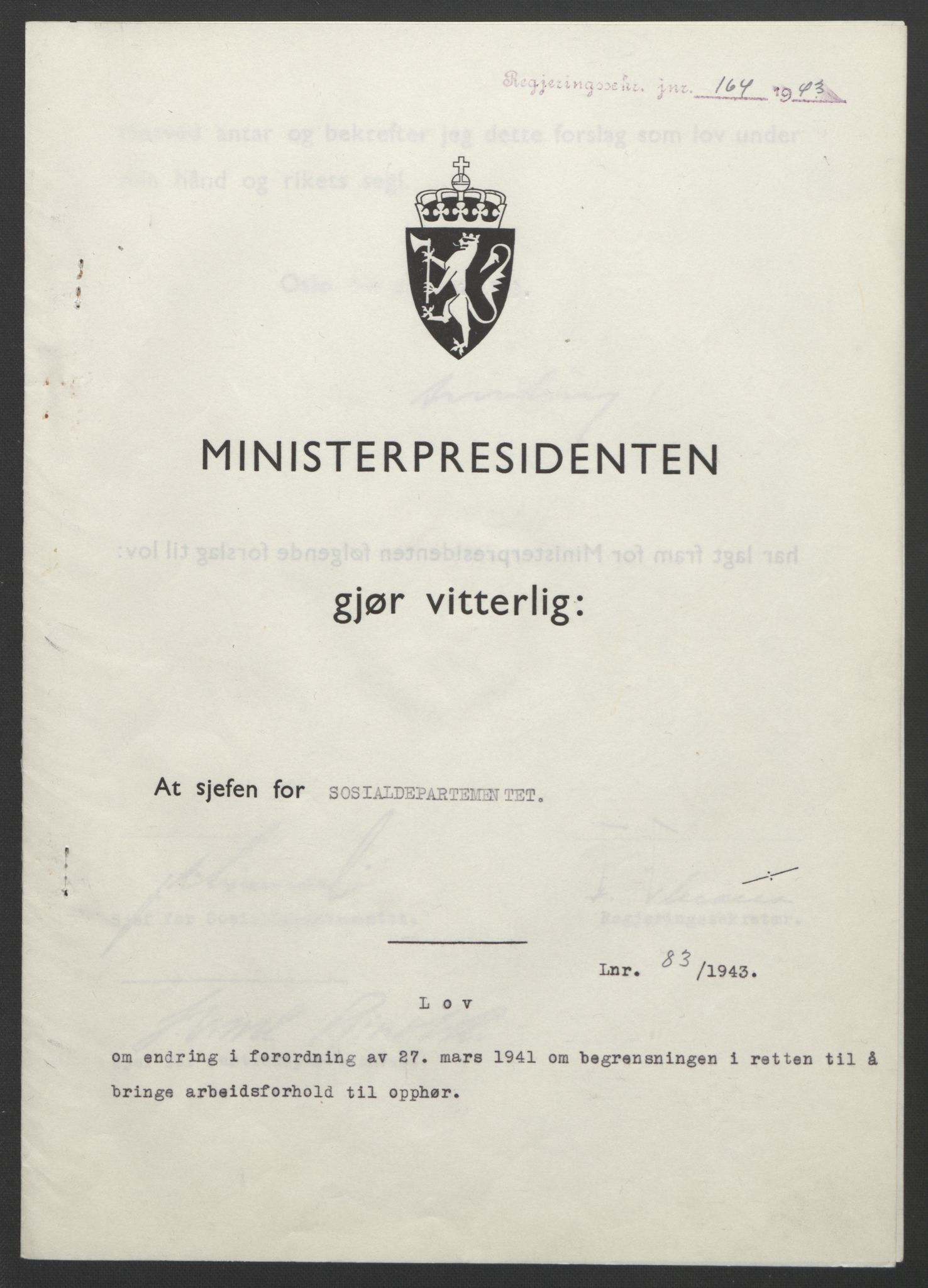 NS-administrasjonen 1940-1945 (Statsrådsekretariatet, de kommisariske statsråder mm), RA/S-4279/D/Db/L0099: Lover, 1943, p. 378