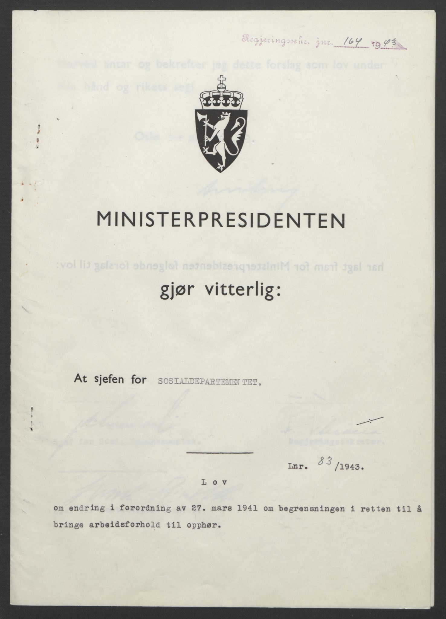 NS-administrasjonen 1940-1945 (Statsrådsekretariatet, de kommisariske statsråder mm), AV/RA-S-4279/D/Db/L0099: Lover, 1943, p. 378