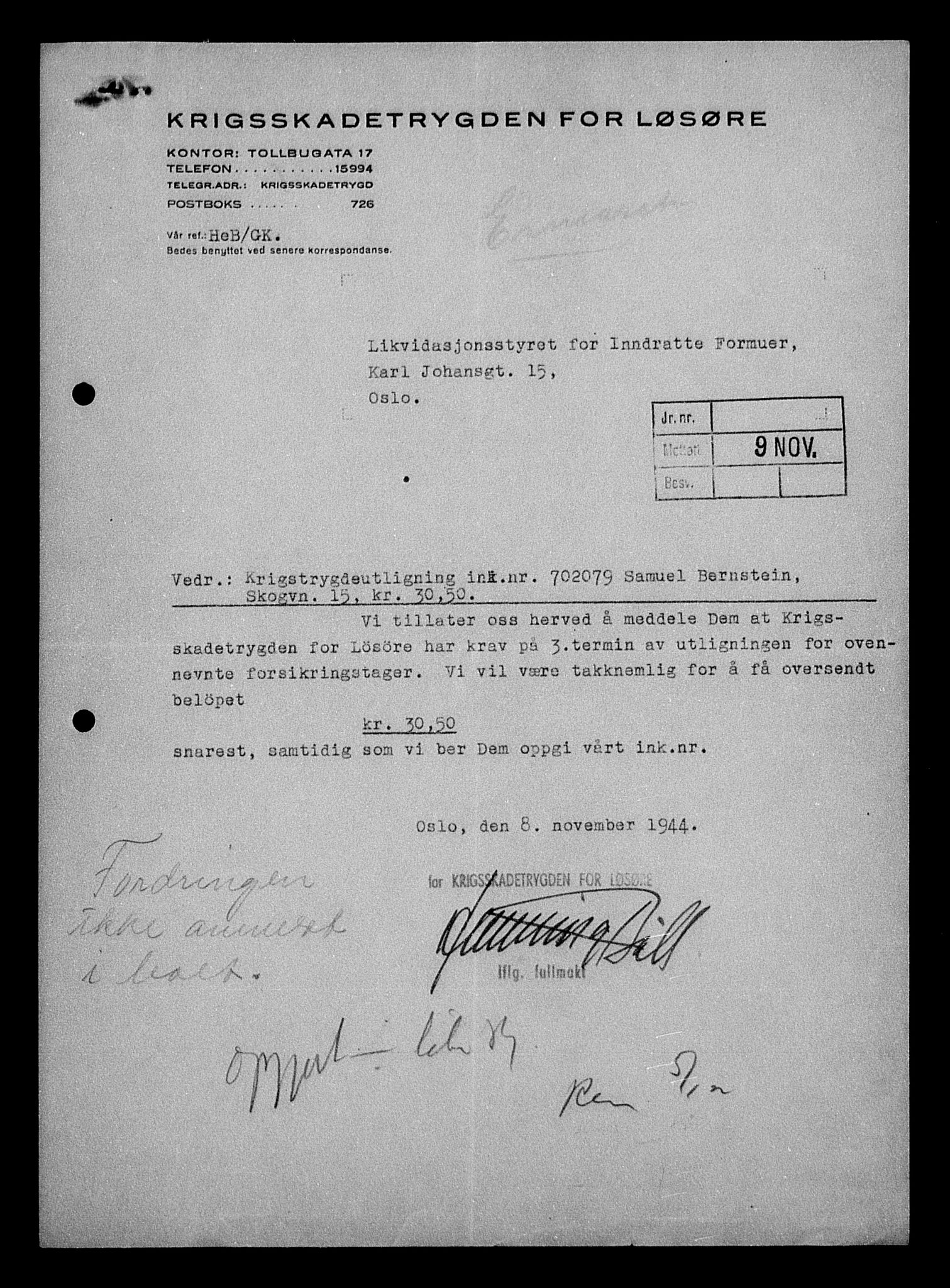 Justisdepartementet, Tilbakeføringskontoret for inndratte formuer, AV/RA-S-1564/H/Hc/Hcc/L0923: --, 1945-1947, p. 616